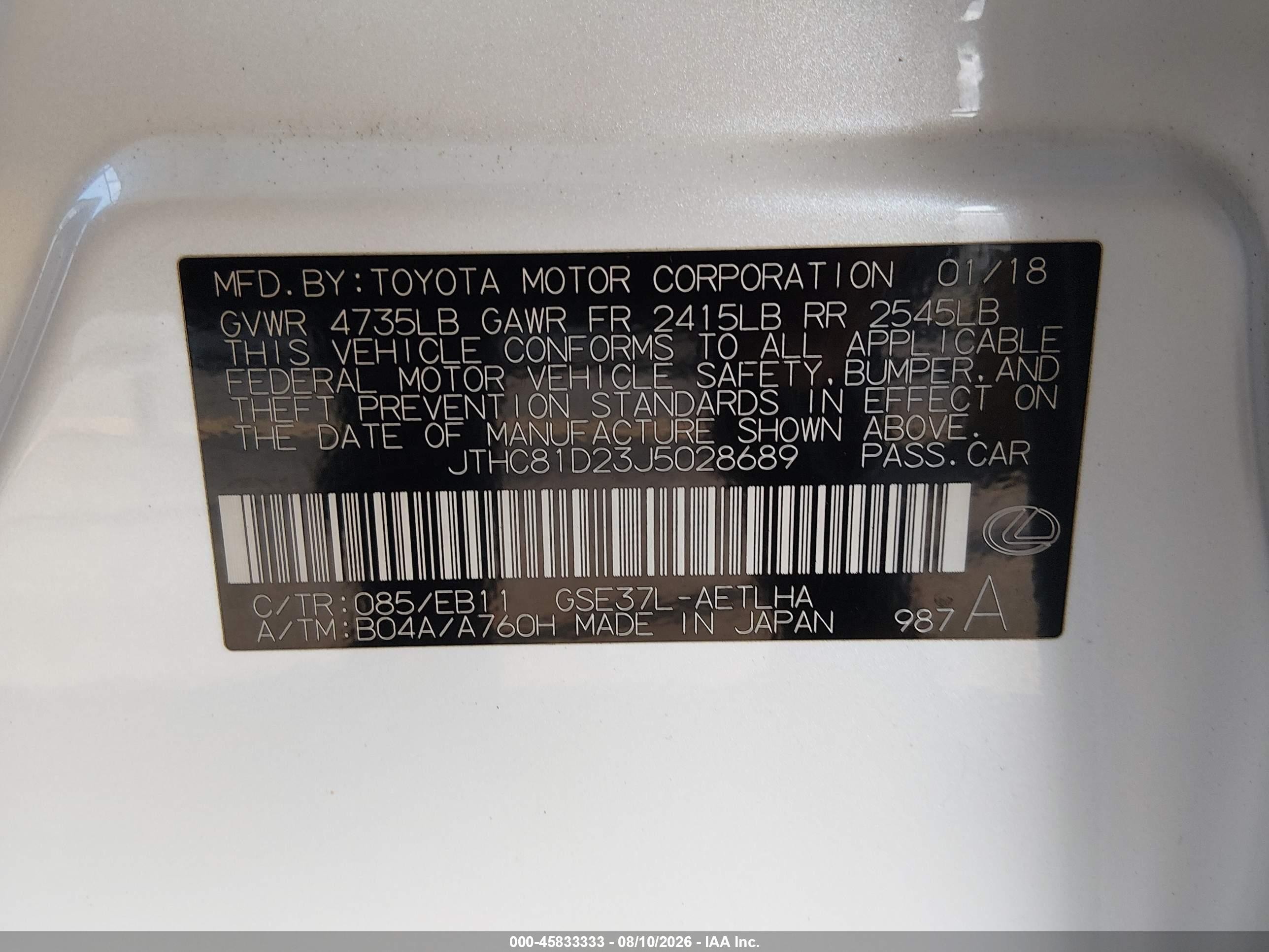 2018 Lexus Is VIN JTHC81D23J5028689 IAAI salvage auction — Rear End, Salvage (Connecticut), sold $6,600 on 2026-09-03 (photo 9)