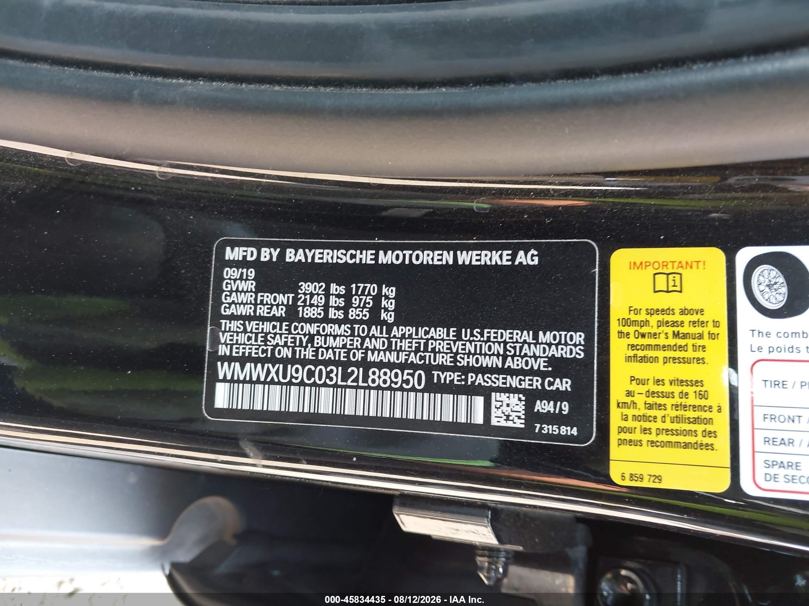 2020 Mini Hard top VIN WMWXU9C03L2L88950 IAAI salvage auction — Front End, Bill Of Sale (Washington), sold $1,900 on 2026-09-11 (photo 9)