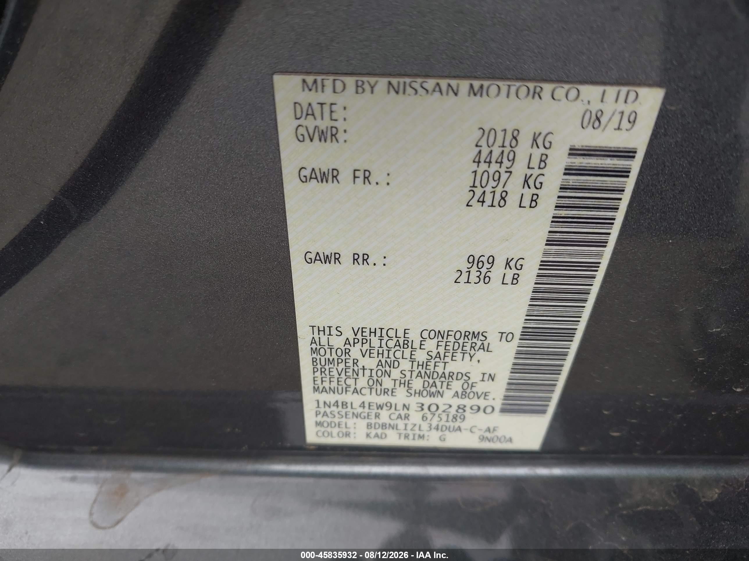 2020 Nissan Altima VIN 1N4BL4EW9LN302890 IAAI salvage auction — Front End, Salvage (Arizona), sold $1,400 on 2026-10-11 (photo 9)