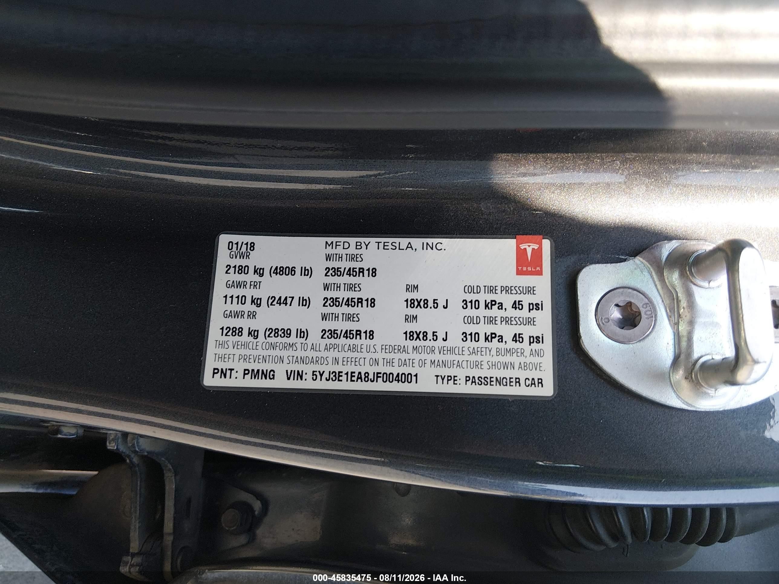 2018 Tesla Model 3 VIN 5YJ3E1EA8JF004001 IAAI salvage auction — Rear End, Salvage (California), sold $4,850 on 2026-09-14 (photo 9)