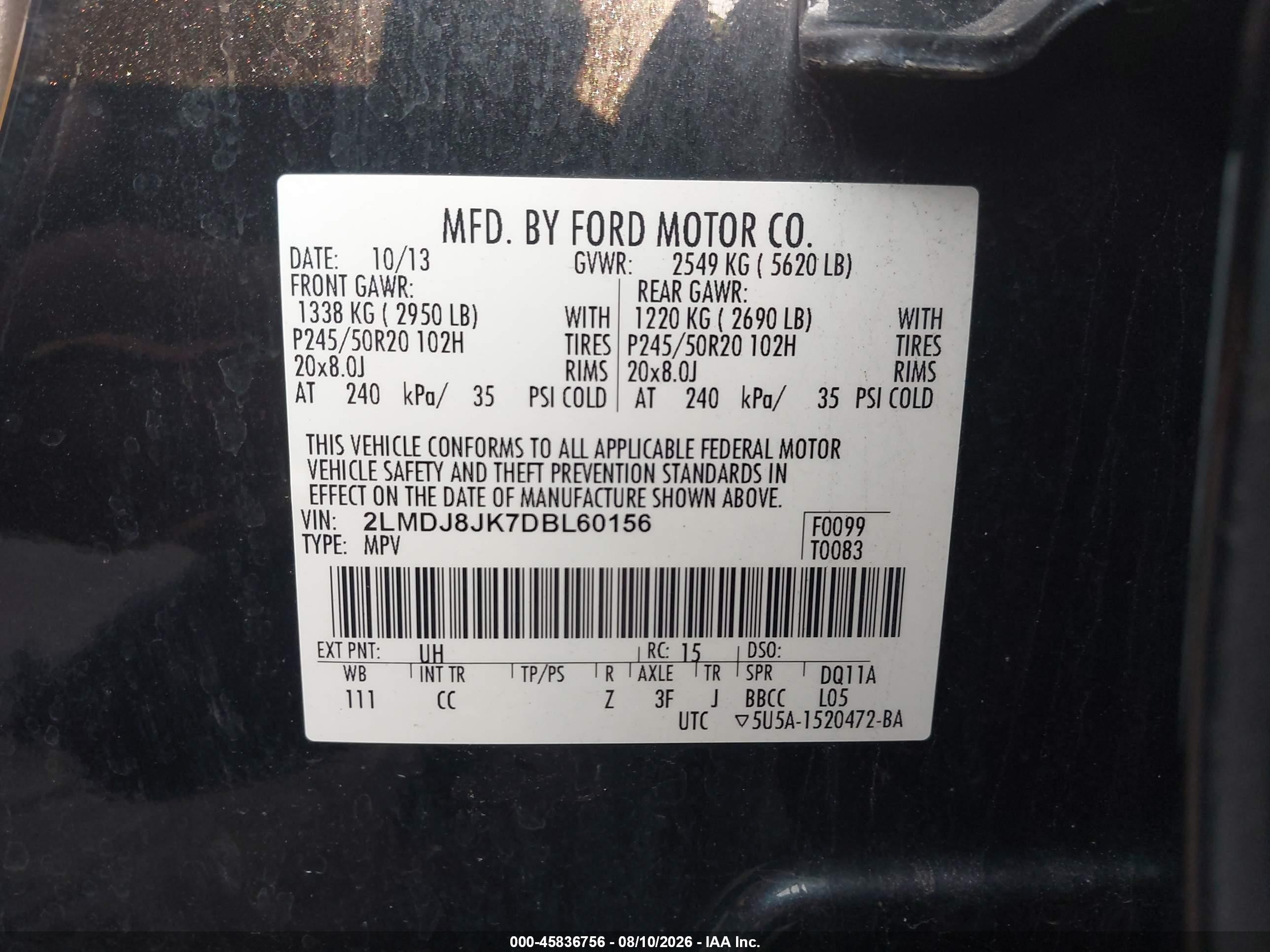 2013 Lincoln MKX VIN 2LMDJ8JK7DBL60156 IAAI salvage auction — Front End, Salvage (Pennsylvania), sold $850 on 2026-09-14 (photo 9)