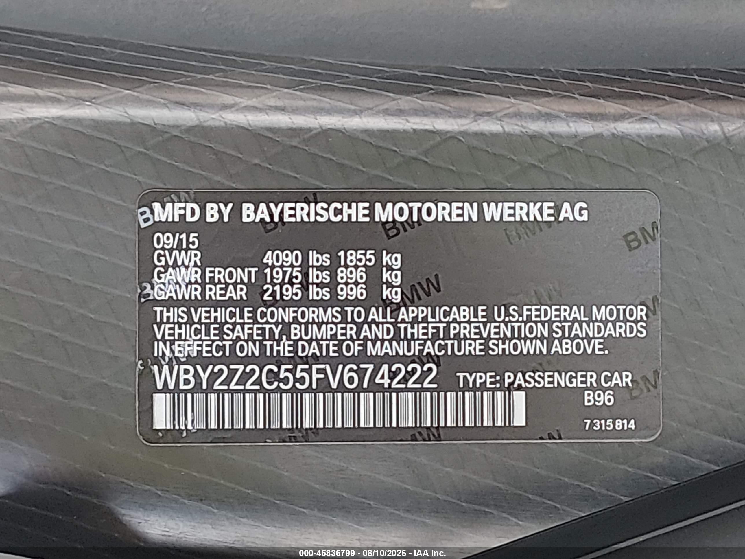 2015 BMW i8 VIN WBY2Z2C55FV674222 IAAI salvage auction — Front End, Salvage (New Jersey), sold $21,500 on 2026-09-04 (photo 9)