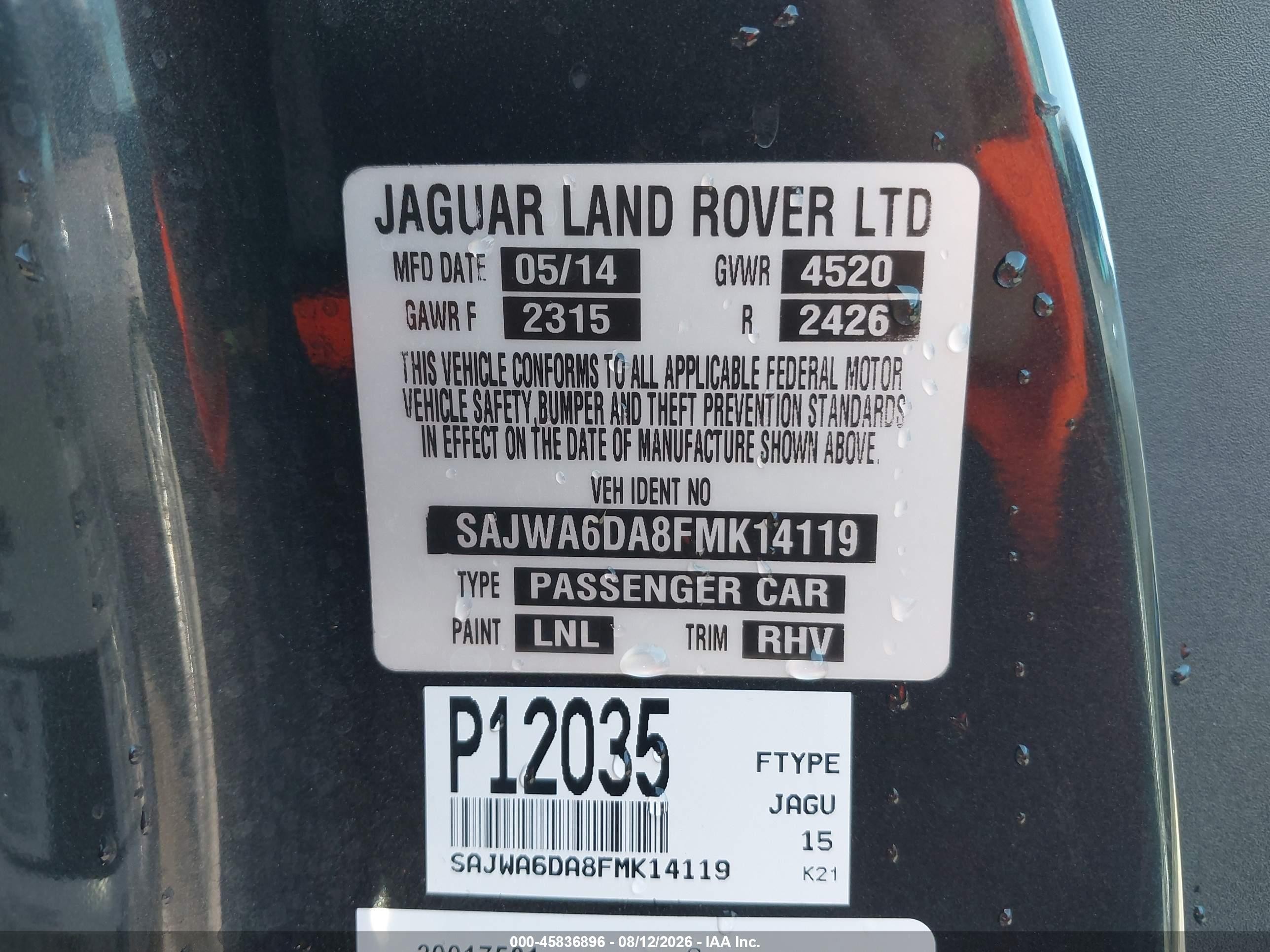 2015 Jaguar F-Type VIN SAJWA6DA8FMK14119 IAAI salvage auction — Rear End, Original (Texas), sold $17,600 on 2026-09-23 (photo 9)
