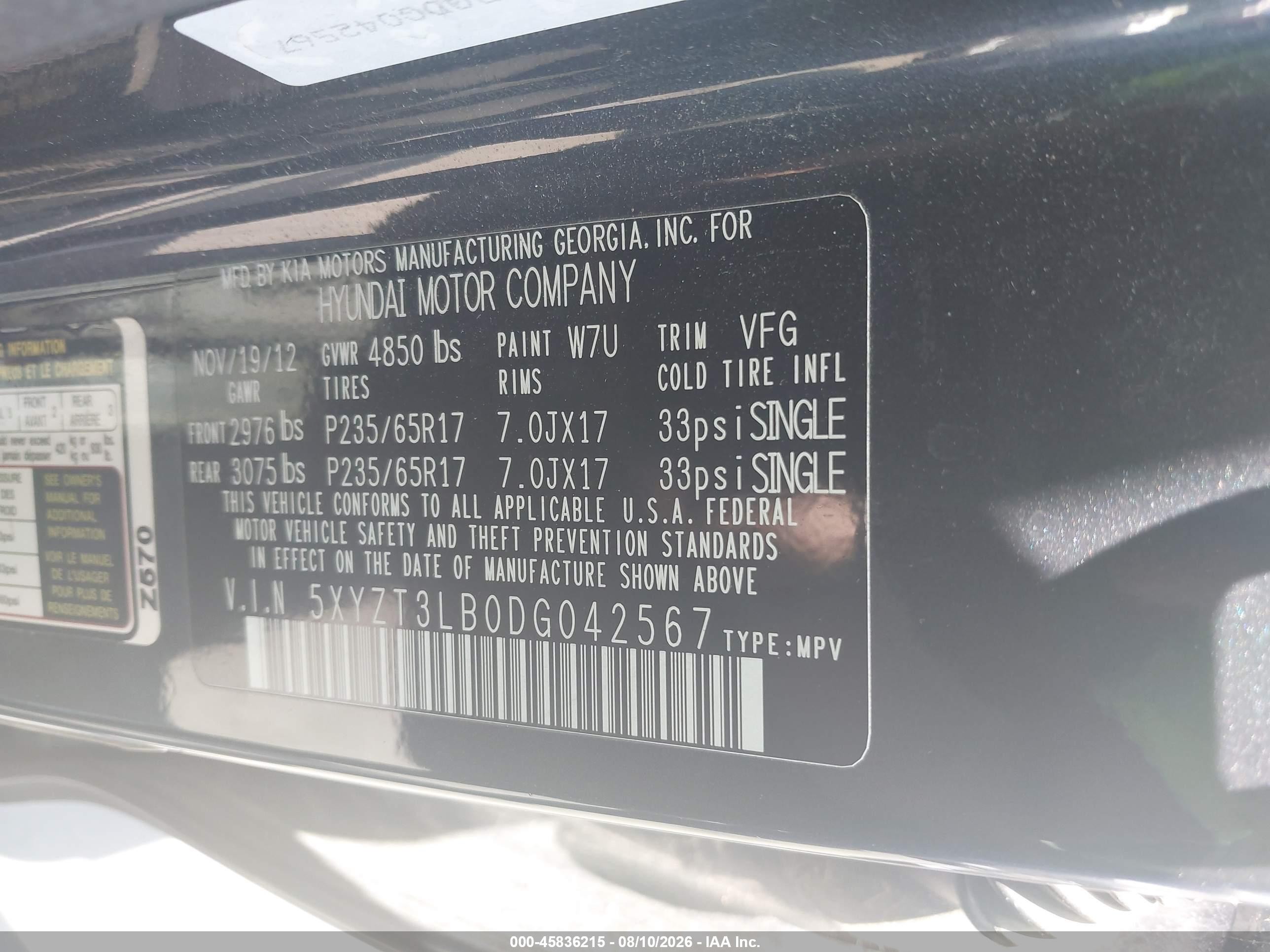 2013 Hyundai Santa Fe VIN 5XYZT3LB0DG042567 IAAI salvage auction — Vandalized, Salvage Certificate (California), sold $1,250 on 2026-09-13 (photo 9)