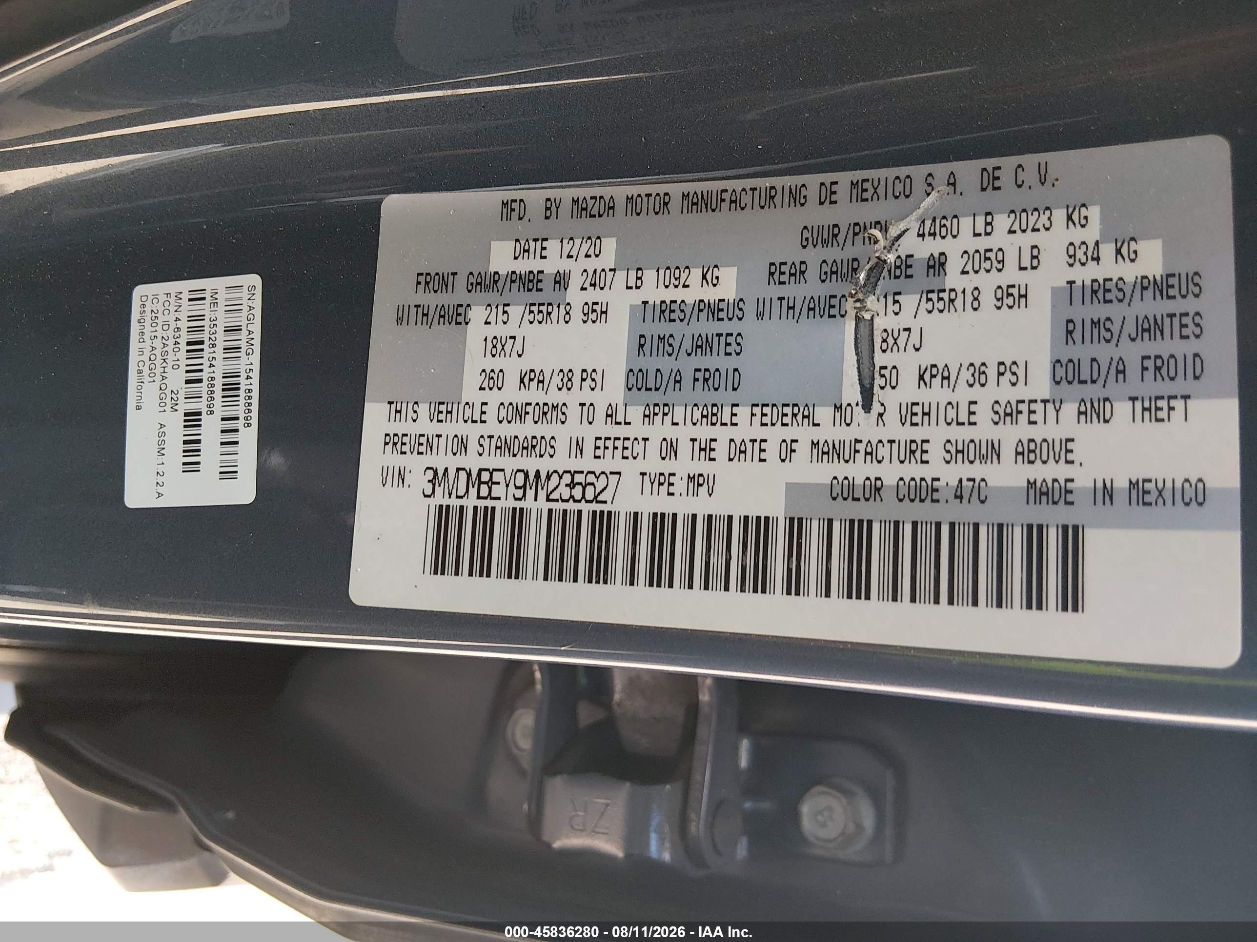 2021 Mazda Cx-30 VIN 3MVDMBEY9MM235627 IAAI salvage auction — Front End, Original (Texas), sold $4,250 on 2026-09-29 (photo 9)