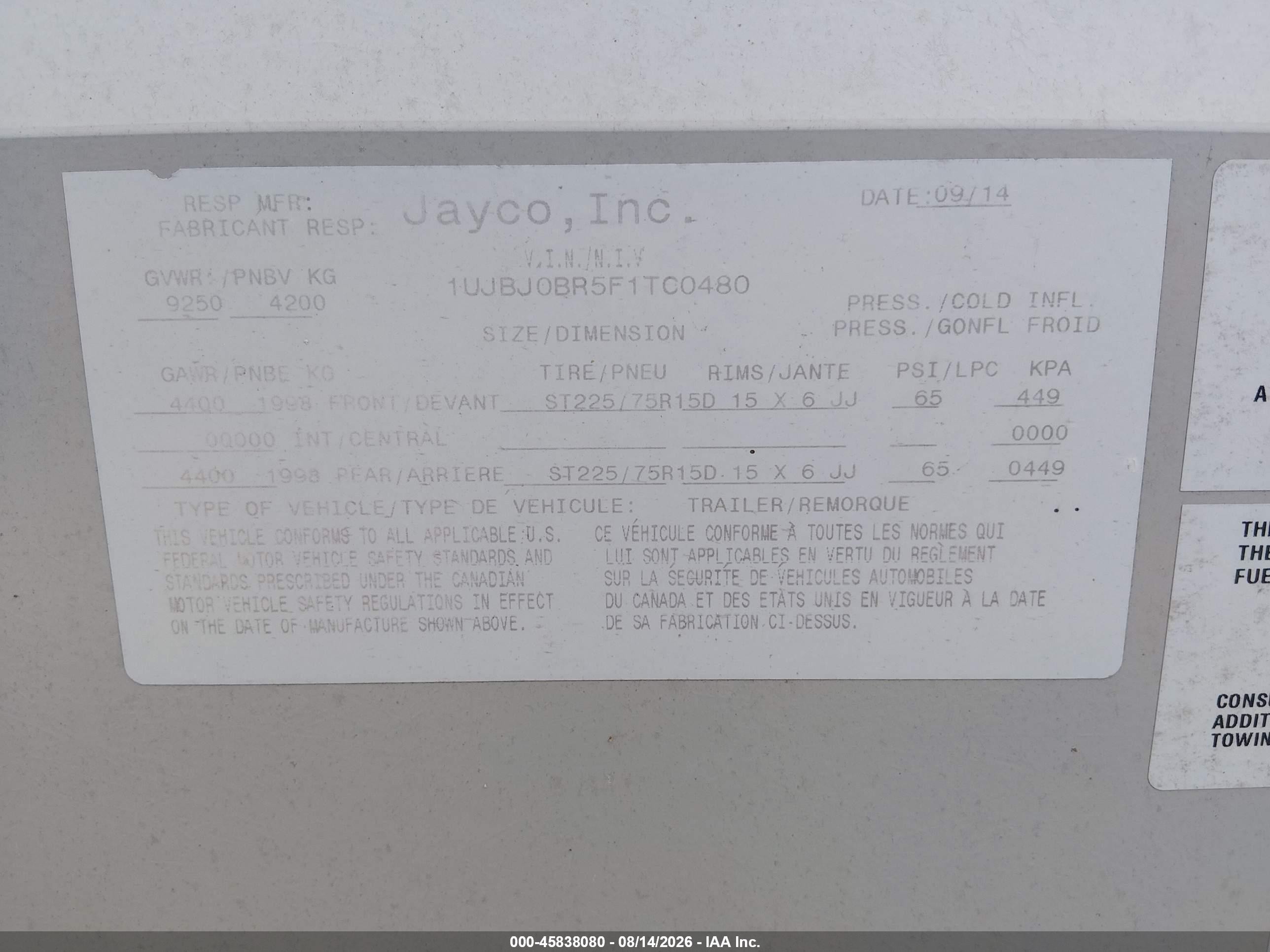 2015 Jayco Jayfl184bh VIN 1UJBJ0BR5F1TC0480 IAAI salvage auction — Front End, Salvage - Greater Than 75% (Maryland), sold $100 on 2026-09-14 (photo 9)