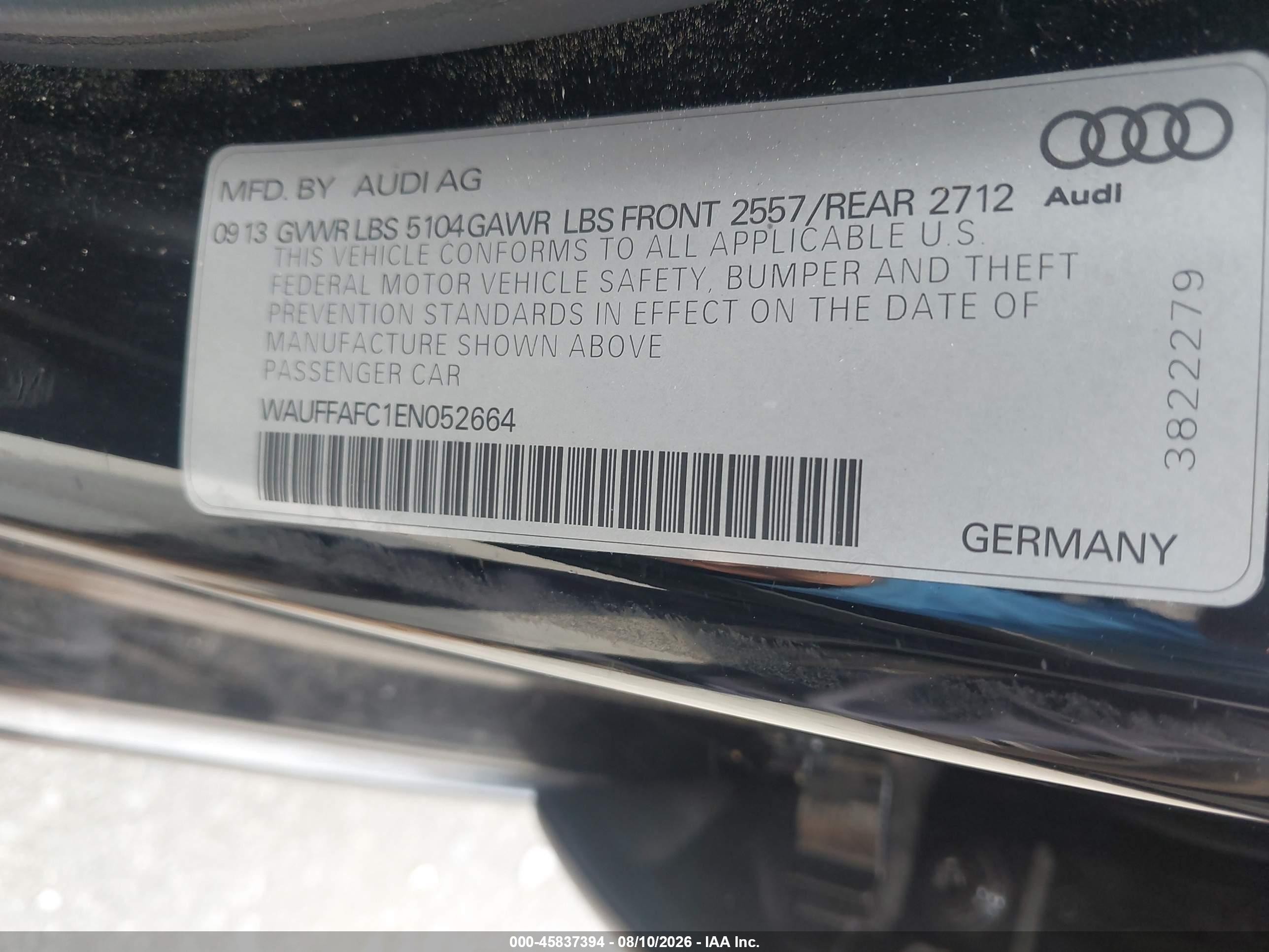 2014 Audi A6 VIN WAUFFAFC1EN052664 IAAI salvage auction — Normal Wear, Clear (South Carolina), sold $325 on 2026-09-08 (photo 9)