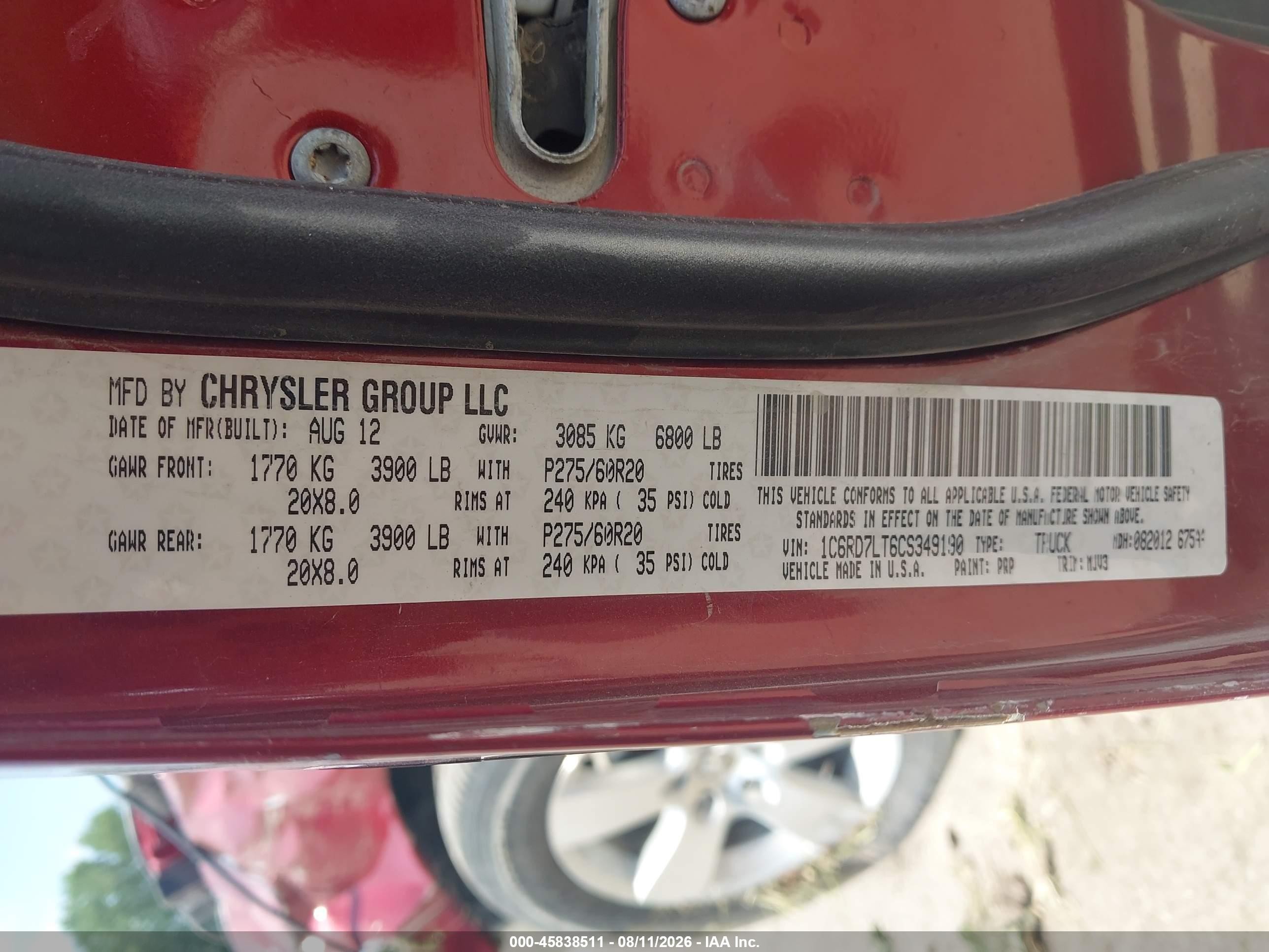 2012 Ram 1500 VIN 1C6RD7LT6CS349190 IAAI salvage auction — All Over, Salvage (Kansas), sold $750 on 2026-09-07 (photo 9)