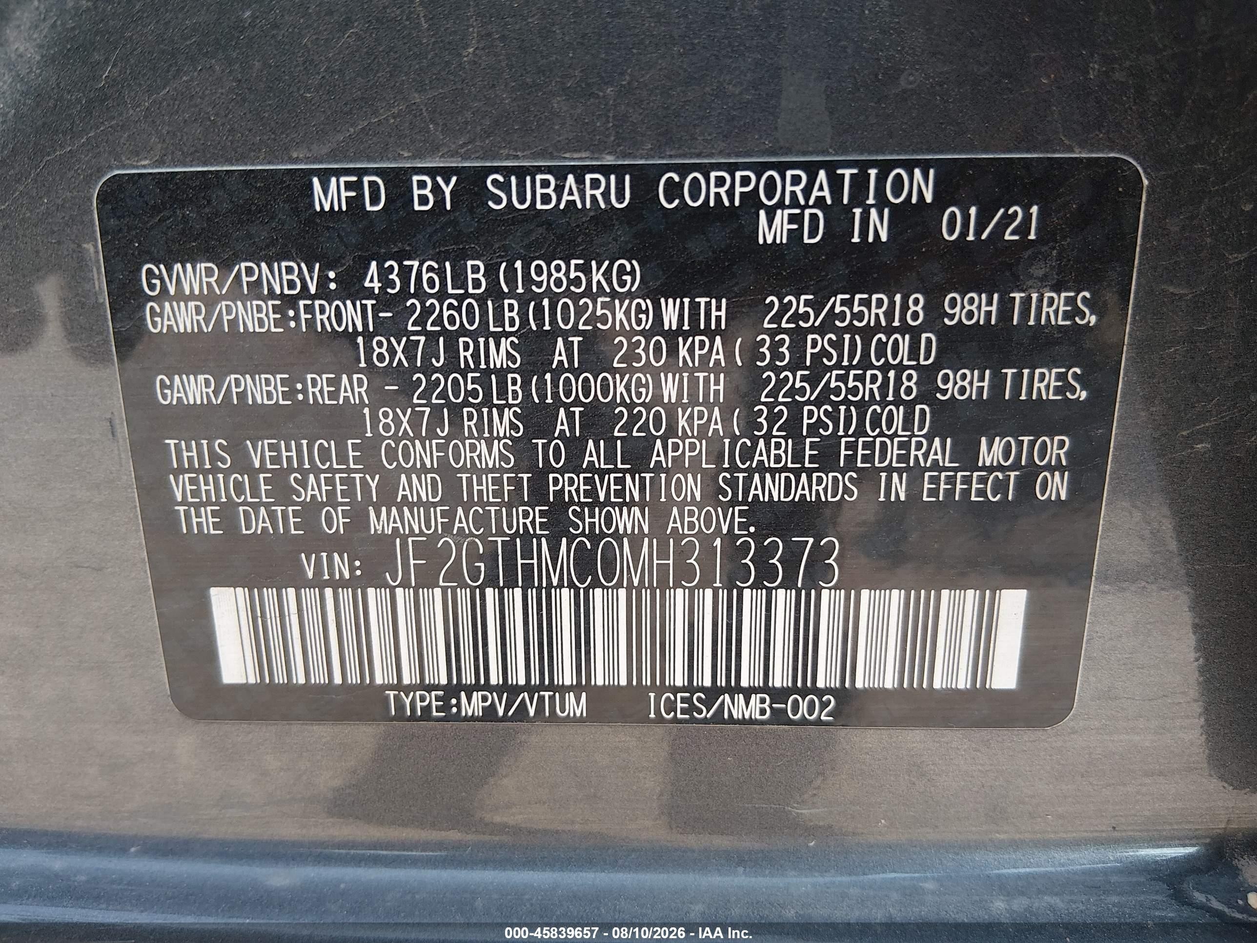 2021 Subaru Xv VIN JF2GTHMC0MH313373 IAAI salvage auction — Front End, Salvage (Arizona), sold $1,500 on 2026-10-11 (photo 9)