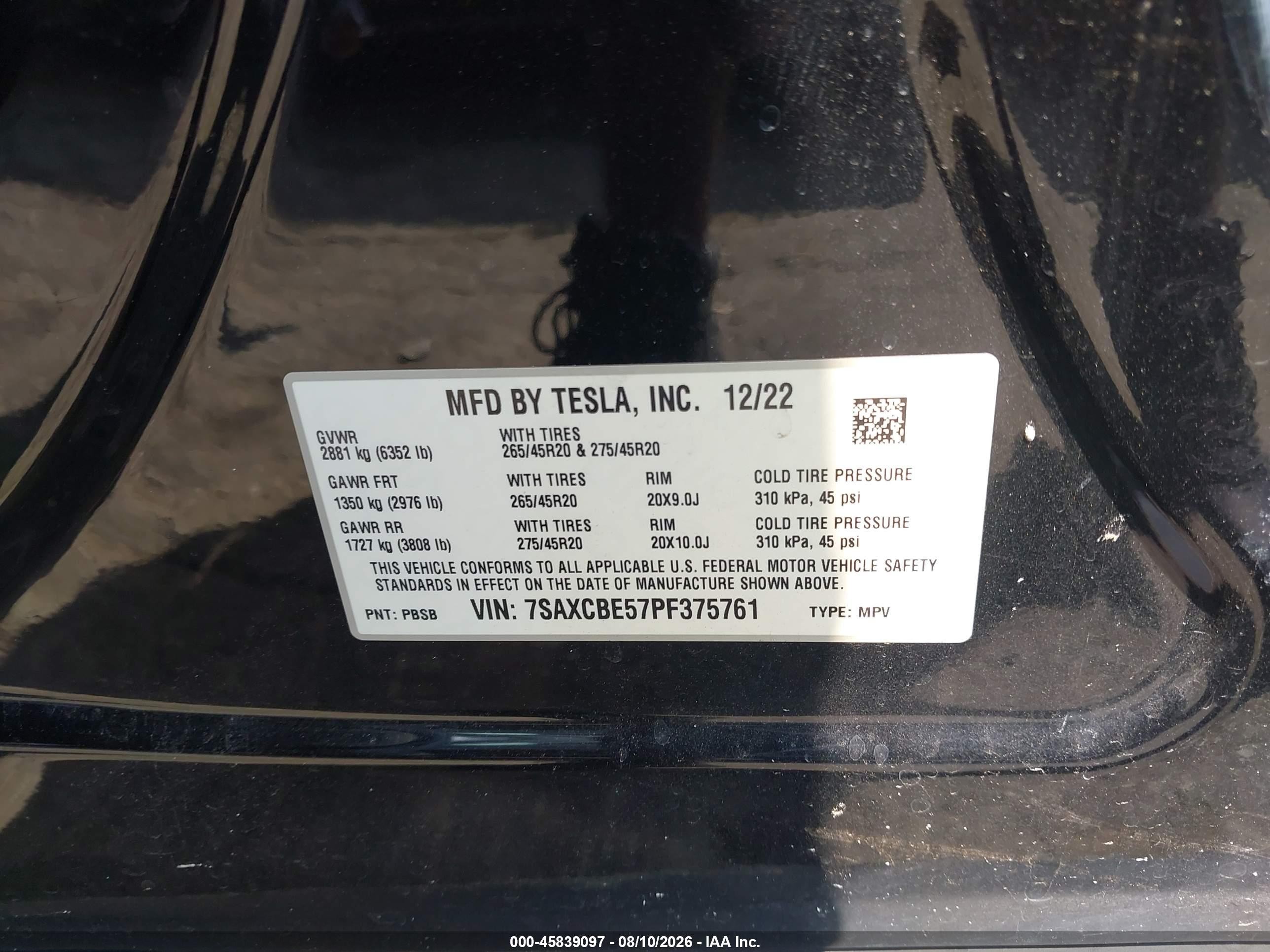 2023 Tesla Model X VIN 7SAXCBE57PF375761 IAAI salvage auction — Front End, Salvage (North Carolina), sold $17,100 on 2026-09-11 (photo 9)