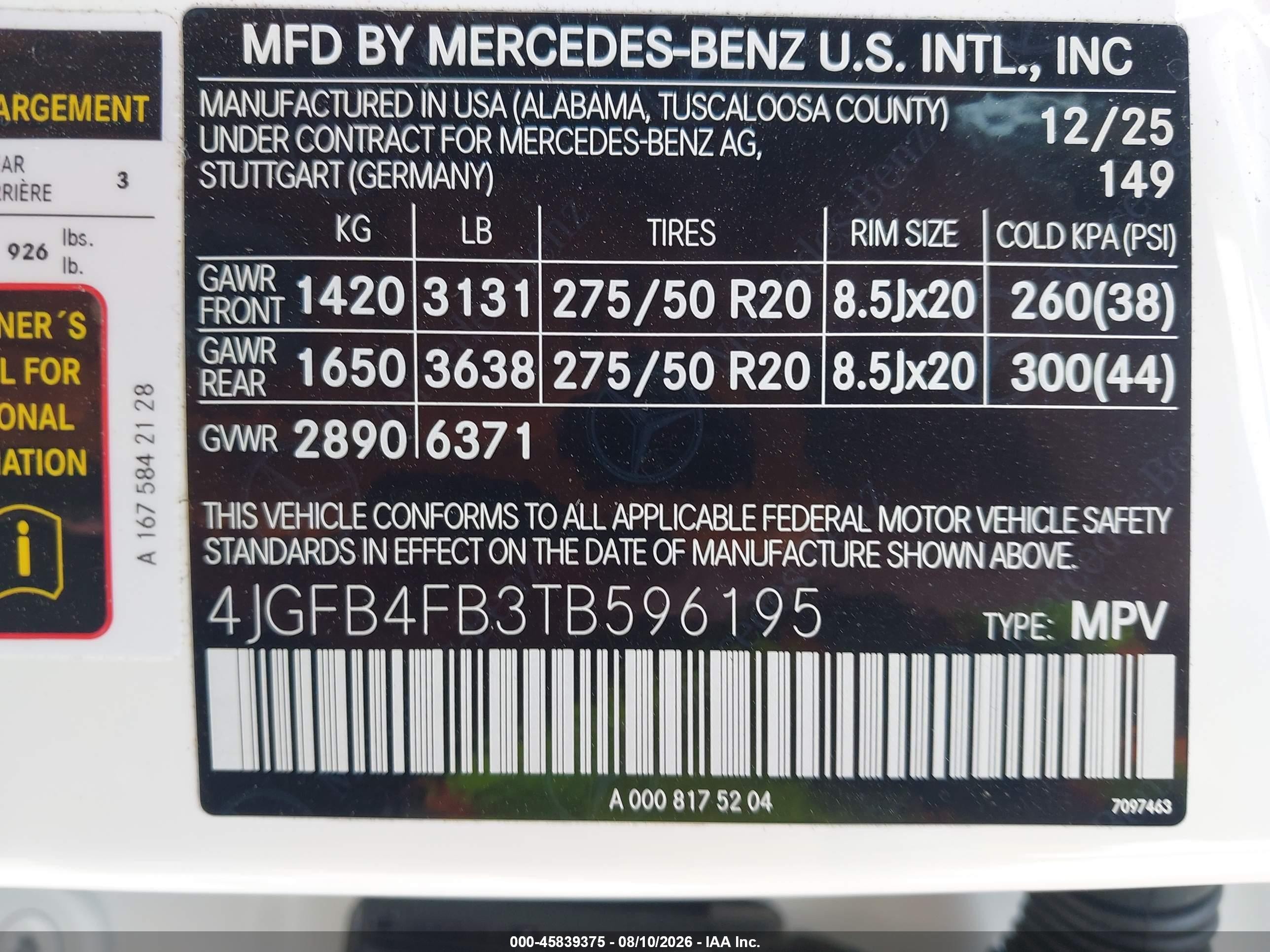 2026 Mercedes-Benz GLE-Class VIN 4JGFB4FB3TB596195 IAAI salvage auction — Front End, Clear (Florida), sold $36,250 on 2026-08-16 (photo 9)