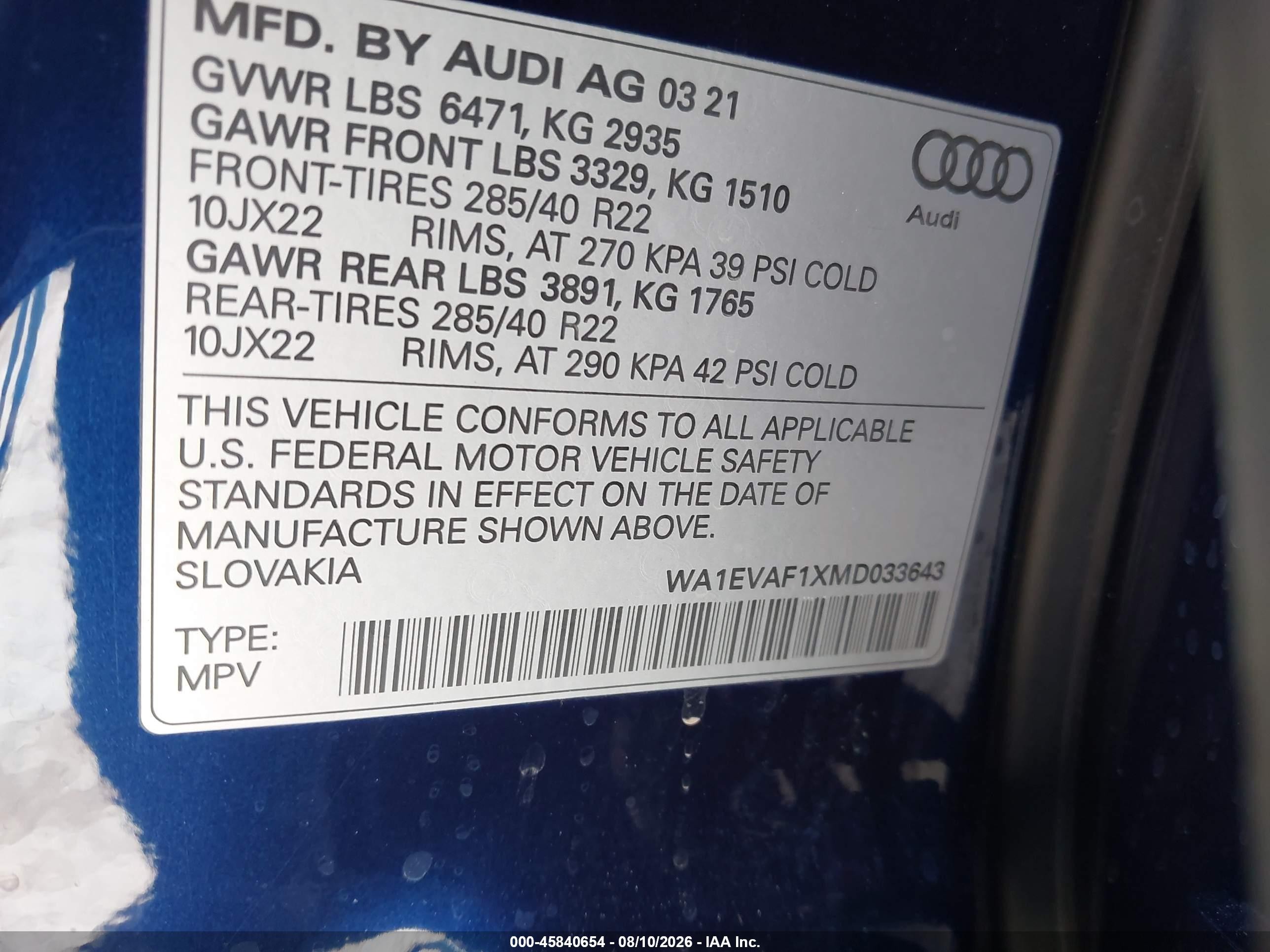 2021 Audi Q8 VIN WA1EVAF1XMD033643 IAAI salvage auction — Front End, Salvage (California), sold $17,000 on 2026-10-11 (photo 9)
