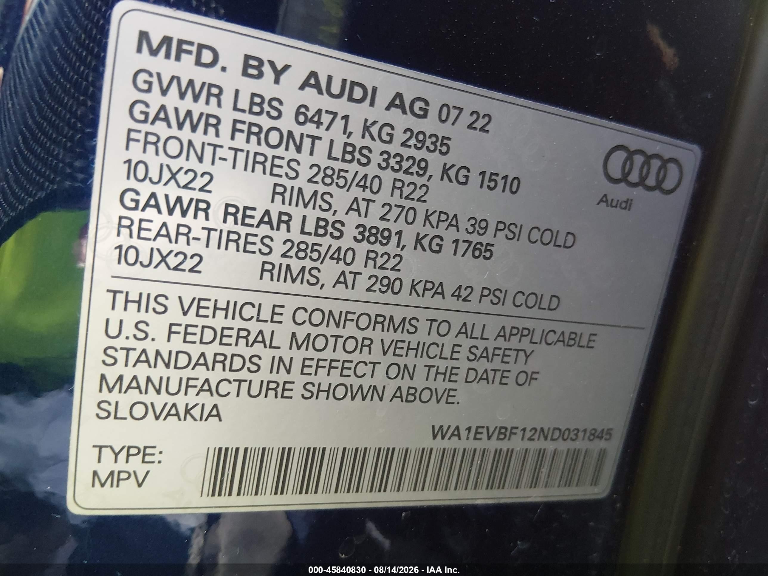 2022 Audi Q8 VIN WA1EVBF12ND031845 IAAI salvage auction — Rear End, Original (Texas), sold $25,750 on 2026-09-13 (photo 9)