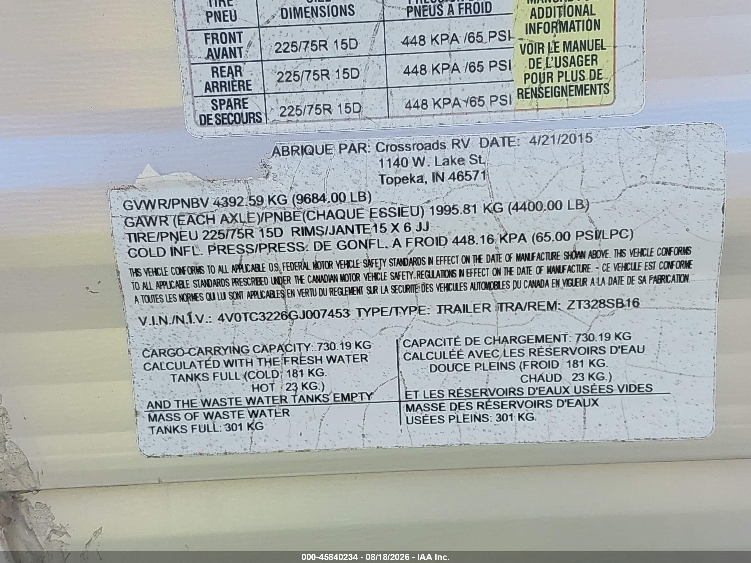 2016 Crossroads Rv VIN 4V0TC3226GJ007453 IAAI salvage auction — Side, Clear (Indiana), sold $3,750 on 2026-09-11 (photo 9)