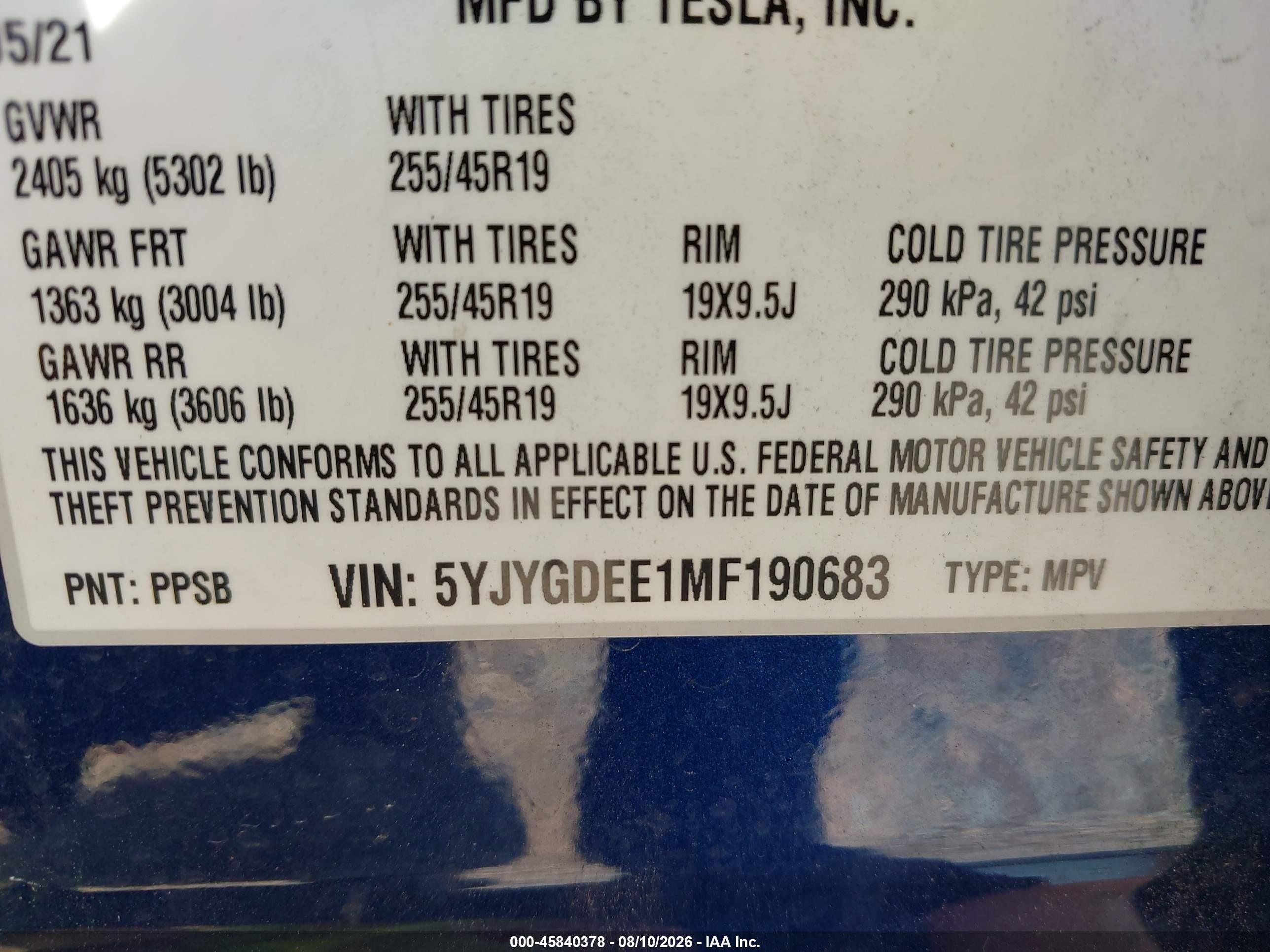 2021 Tesla Model Y VIN 5YJYGDEE1MF190683 IAAI salvage auction — Front End, Salvage (North Carolina), sold $9,700 on 2026-09-11 (photo 9)