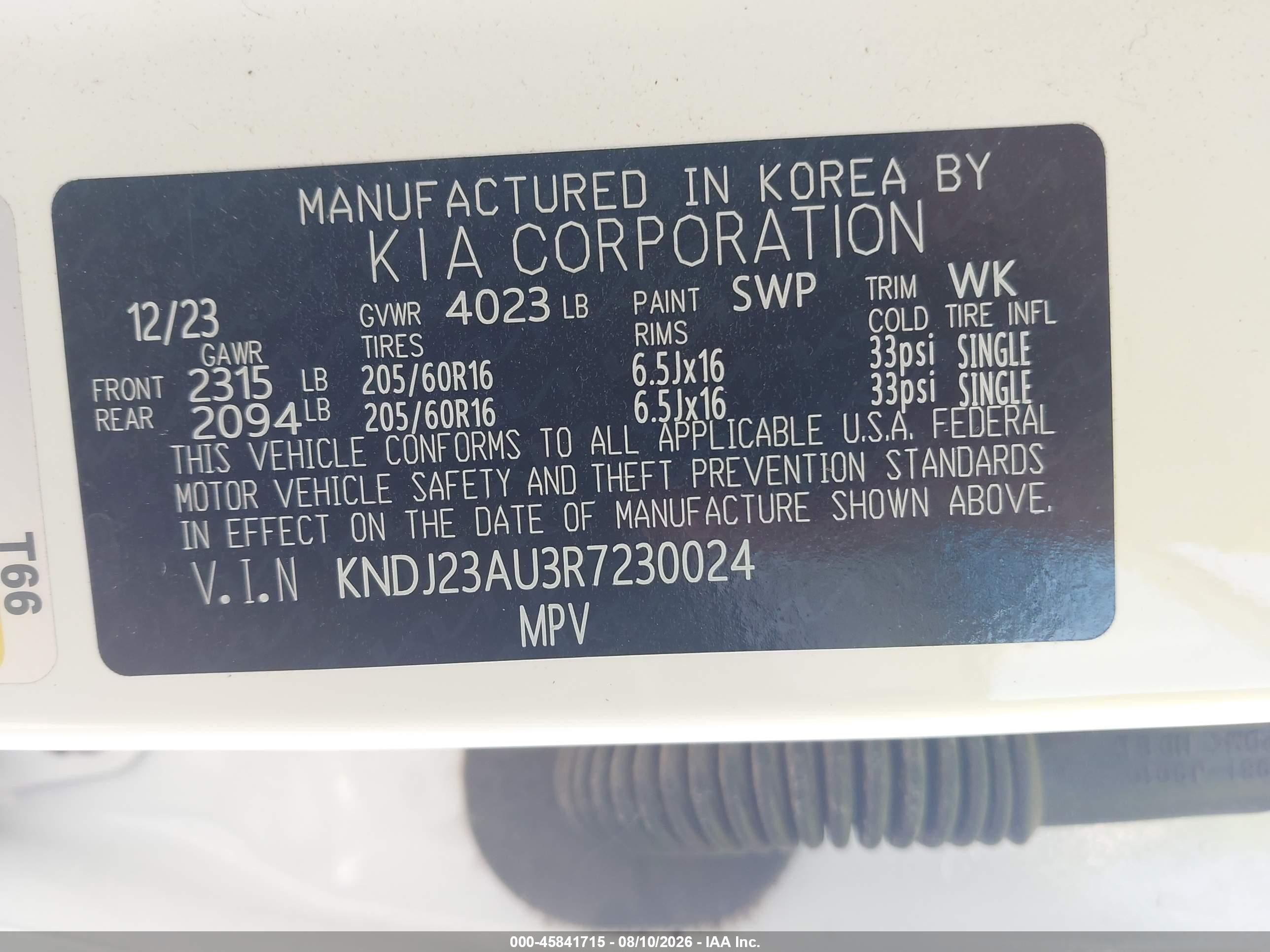 2024 Kia Soul VIN KNDJ23AU3R7230024 IAAI salvage auction — Rear End, Salvage (California), sold $3,200 on 2026-09-25 (photo 9)