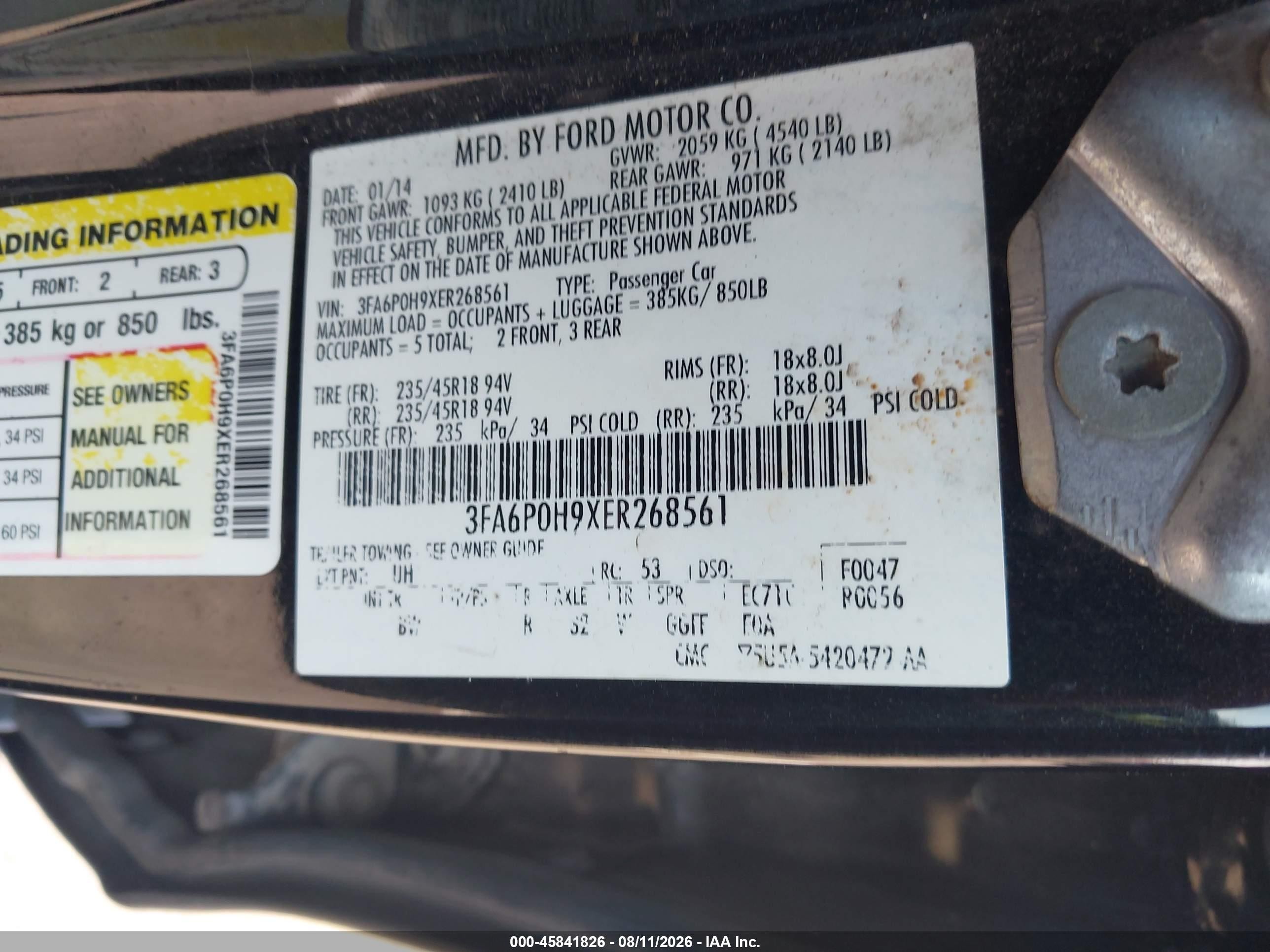 2014 Ford Fusion VIN 3FA6P0H9XER268561 IAAI salvage auction — Side, Clear (Missouri), sold $800 on 2026-10-07 (photo 9)