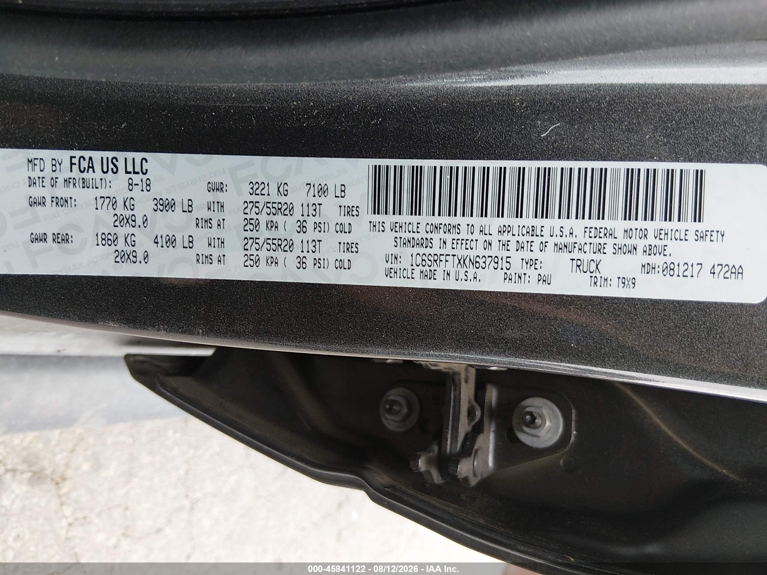2019 Ram 1500 VIN 1C6SRFFTXKN637915 IAAI salvage auction — Front End, Salvage (Oregon), sold $7,200 on 2026-09-24 (photo 9)