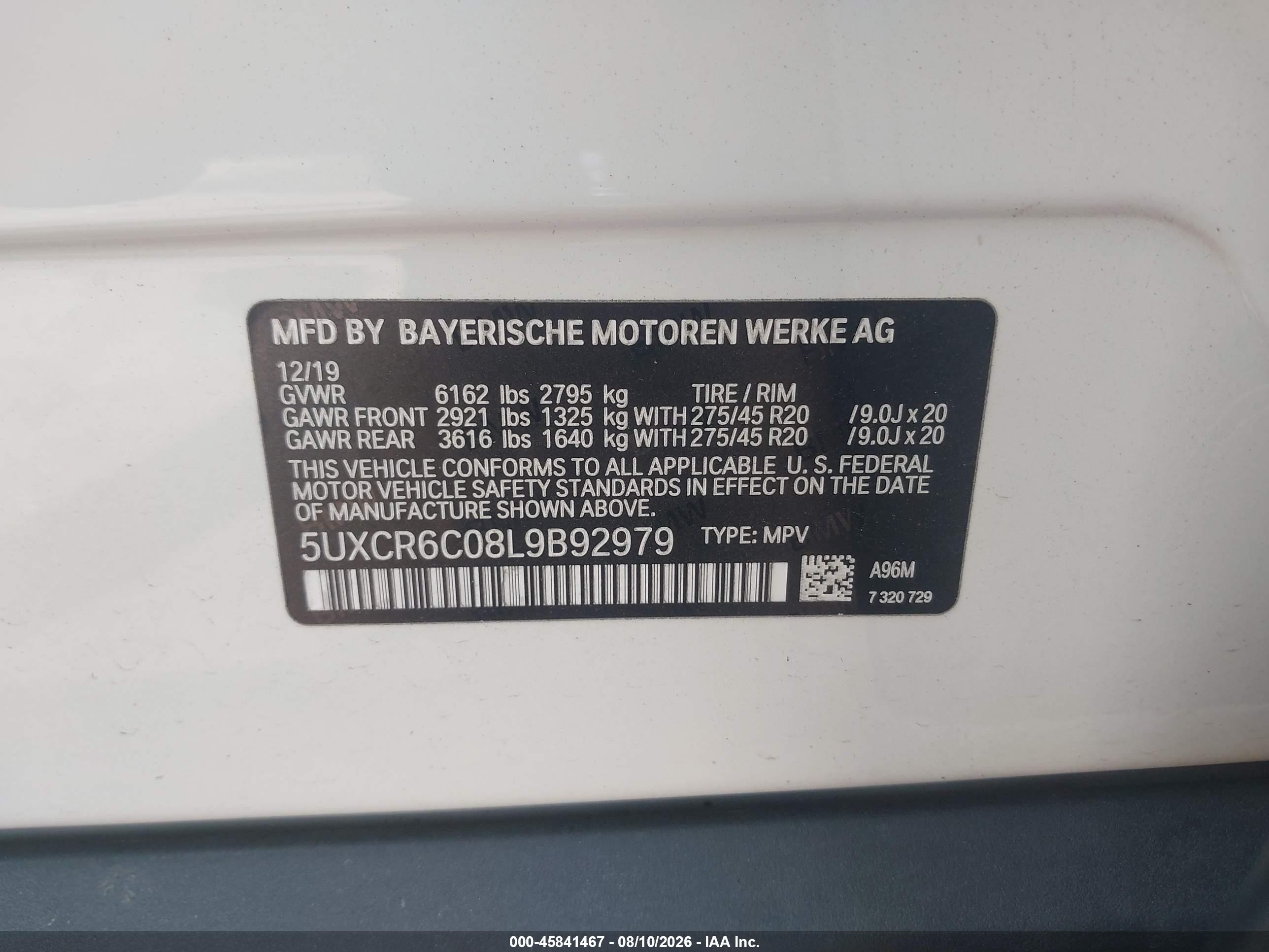 2020 BMW X5 VIN 5UXCR6C08L9B92979 IAAI salvage auction — Front End, Salvage (Indiana), sold $17,900 on 2026-09-10 (photo 9)