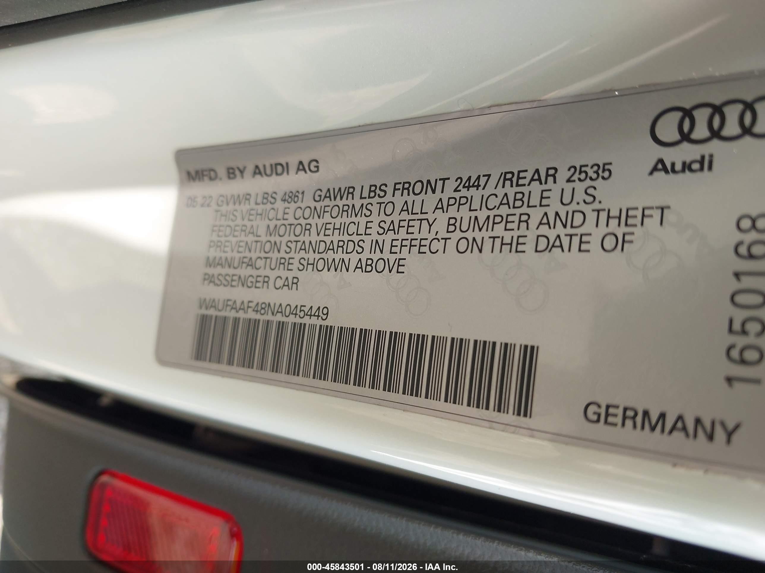 2022 Audi A4 VIN WAUFAAF48NA045449 IAAI salvage auction — Side, Salvage (Ohio), sold $13,250 on 2026-09-16 (photo 9)