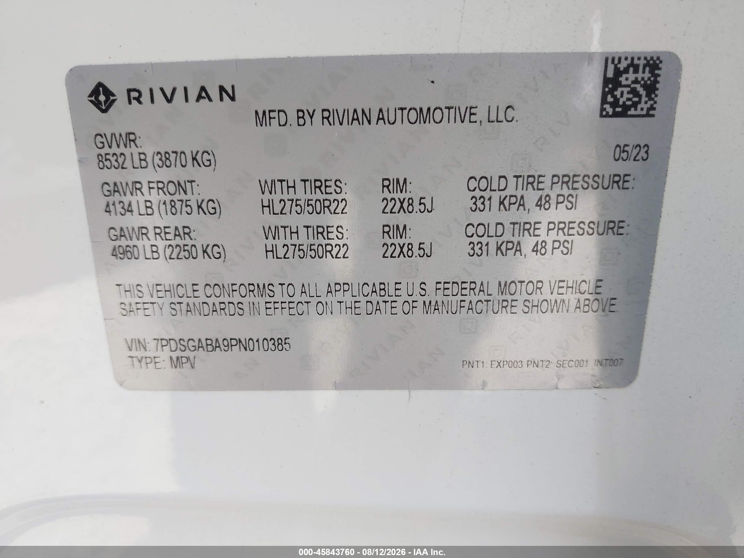 2023 Rivian R1s VIN 7PDSGABA9PN010385 IAAI salvage auction — Side, Salvage (North Carolina), sold $18,000 on 2026-09-29 (photo 9)