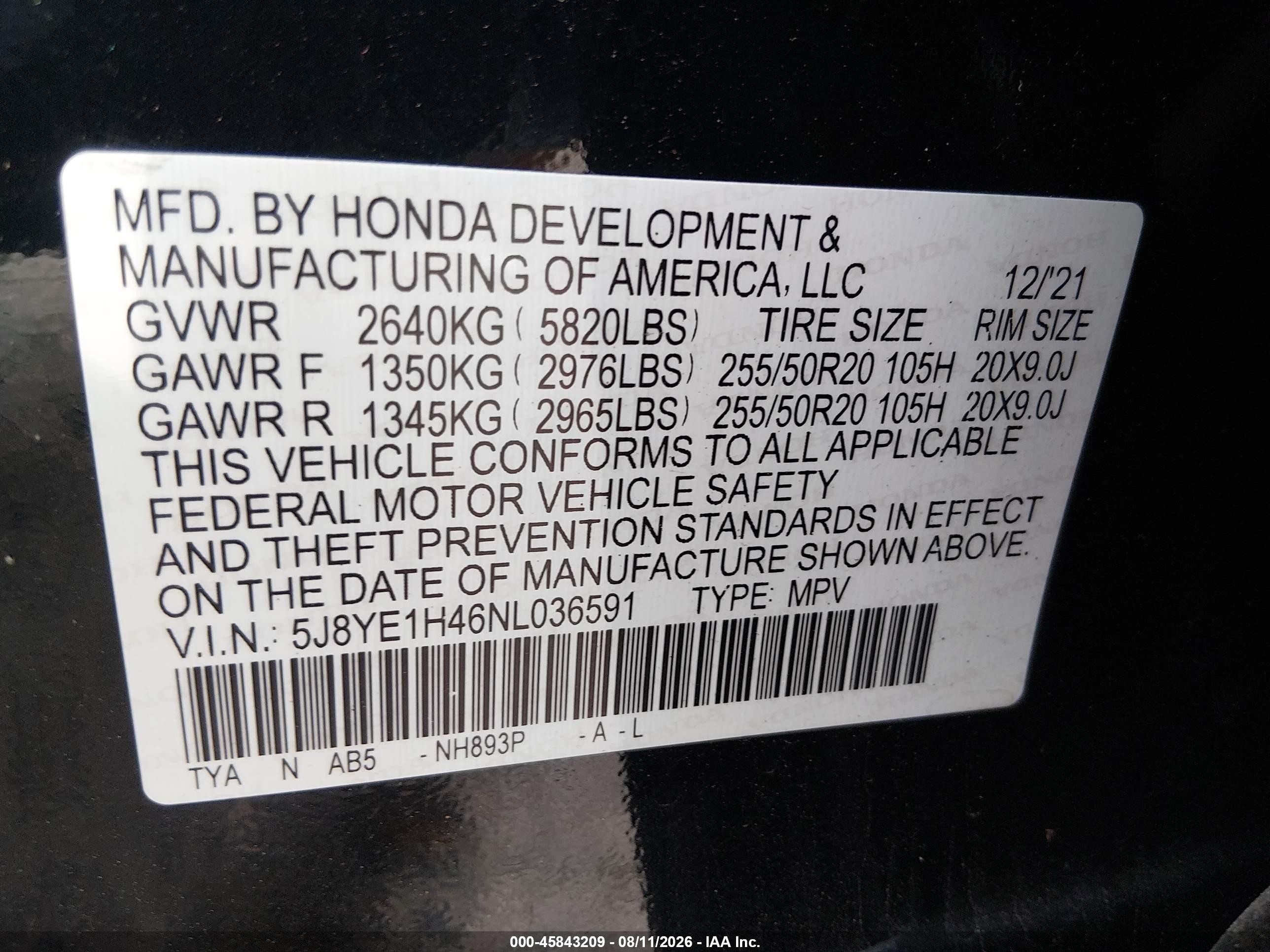 2022 Acura Mdx VIN 5J8YE1H46NL036591 IAAI salvage auction — Theft, Salvage (Pennsylvania), sold $14,000 on 2026-09-23 (photo 9)