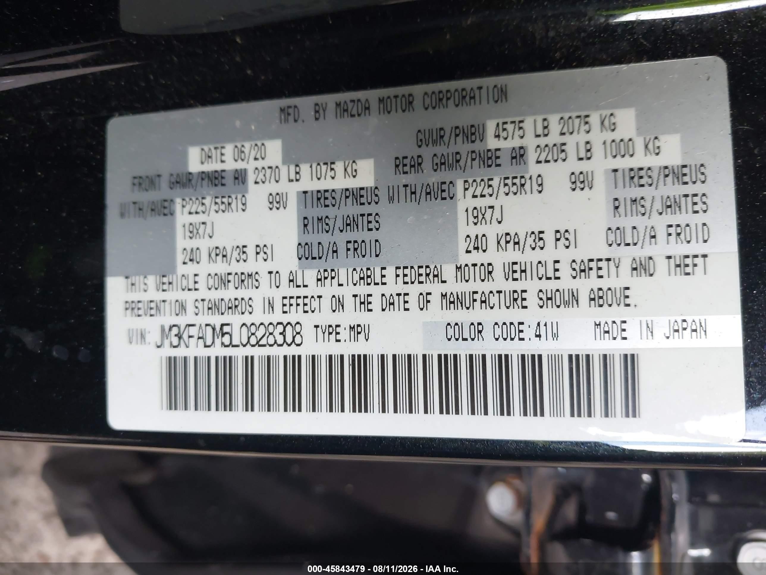 2020 Mazda CX-5 VIN JM3KFADM5L0828308 IAAI salvage auction — Rear End, Rebuildable (Florida), sold $5,000 on 2026-09-11 (photo 9)