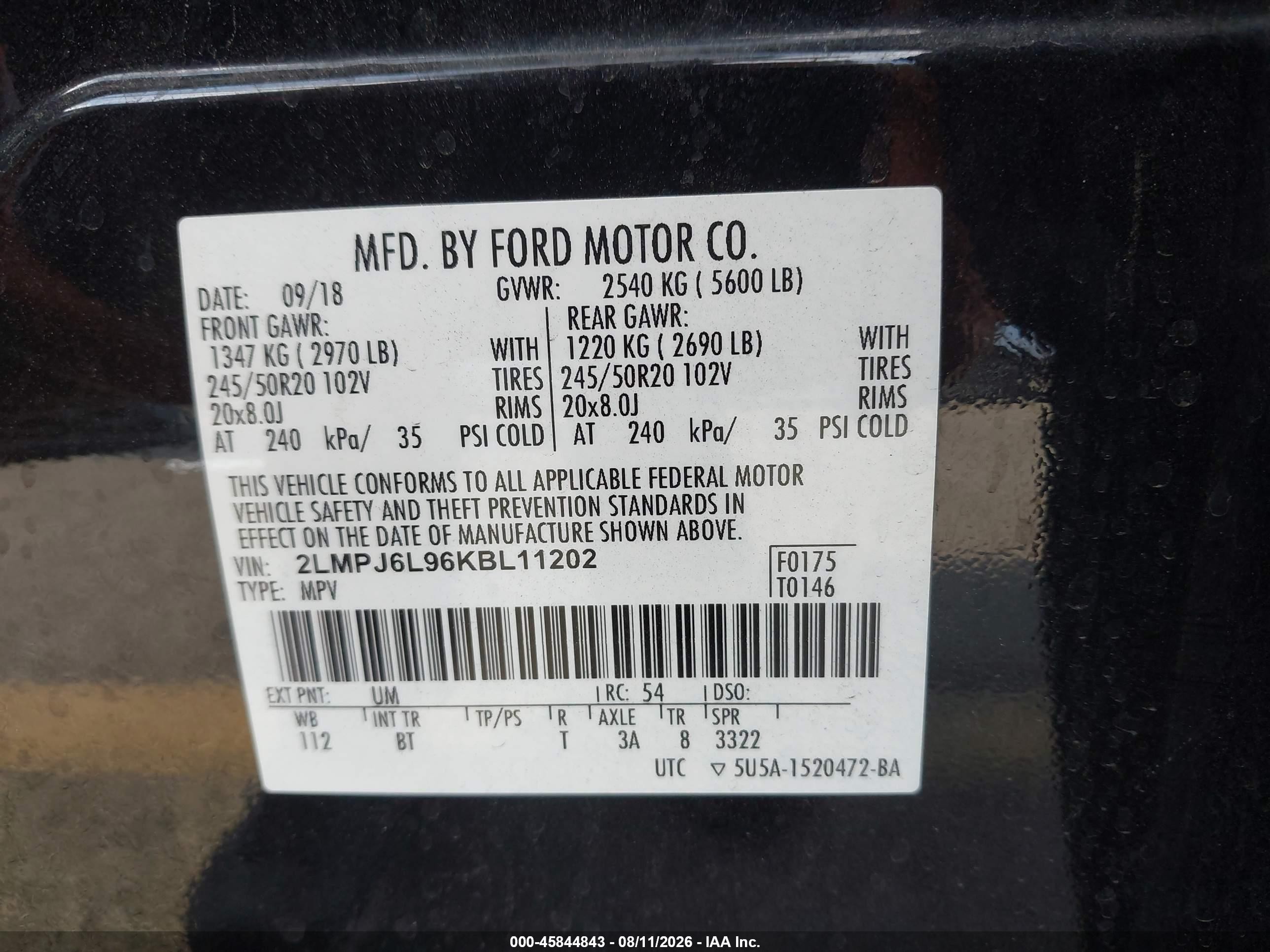 2019 Lincoln Nautilus VIN 2LMPJ6L96KBL11202 IAAI salvage auction — Rear End, Salvage (California), sold $4,300 on 2026-09-10 (photo 9)