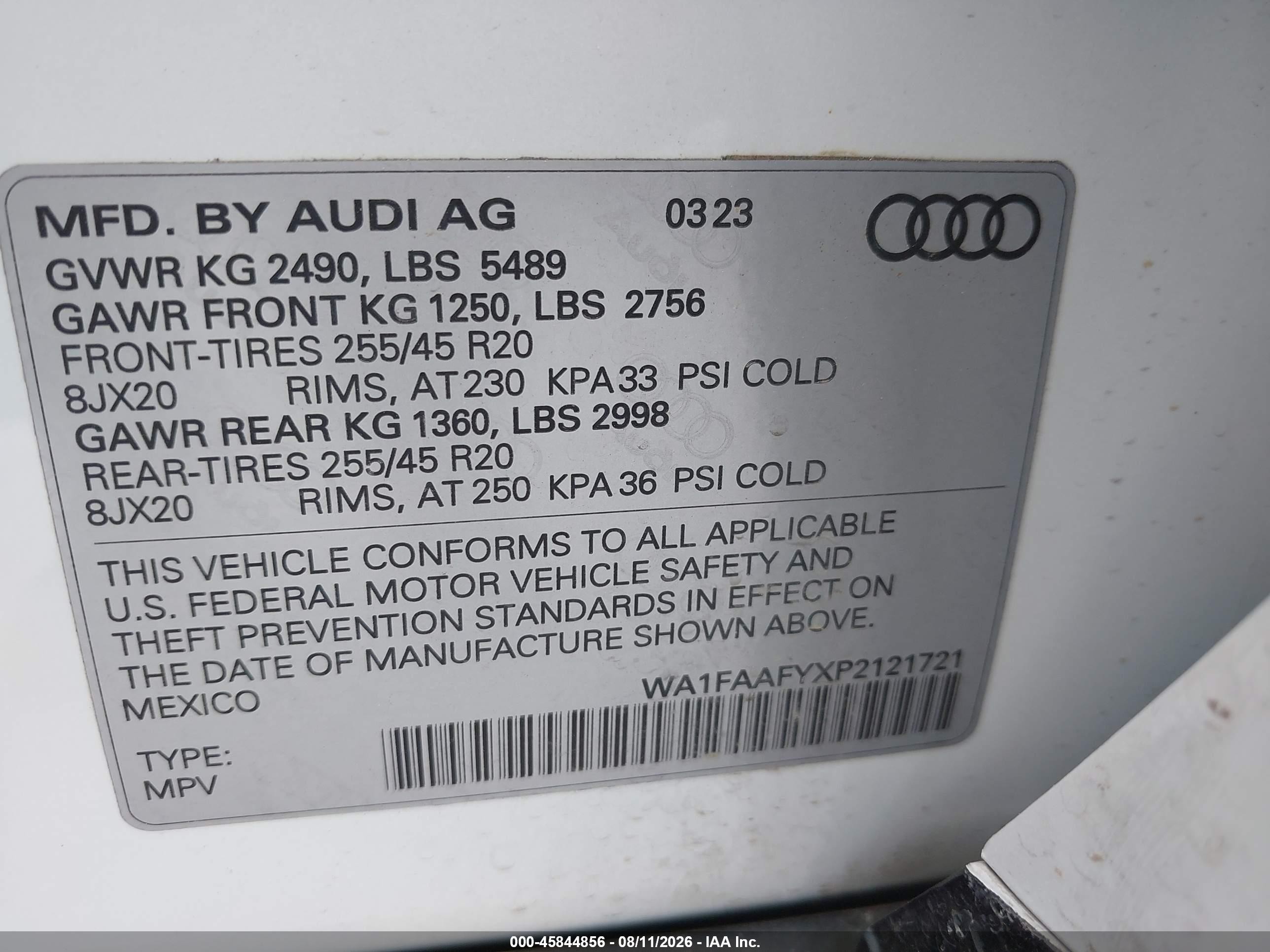 2023 Audi Q5 VIN WA1FAAFYXP2121721 IAAI salvage auction — Front End, Original (Texas), sold $13,100 on 2026-09-11 (photo 9)