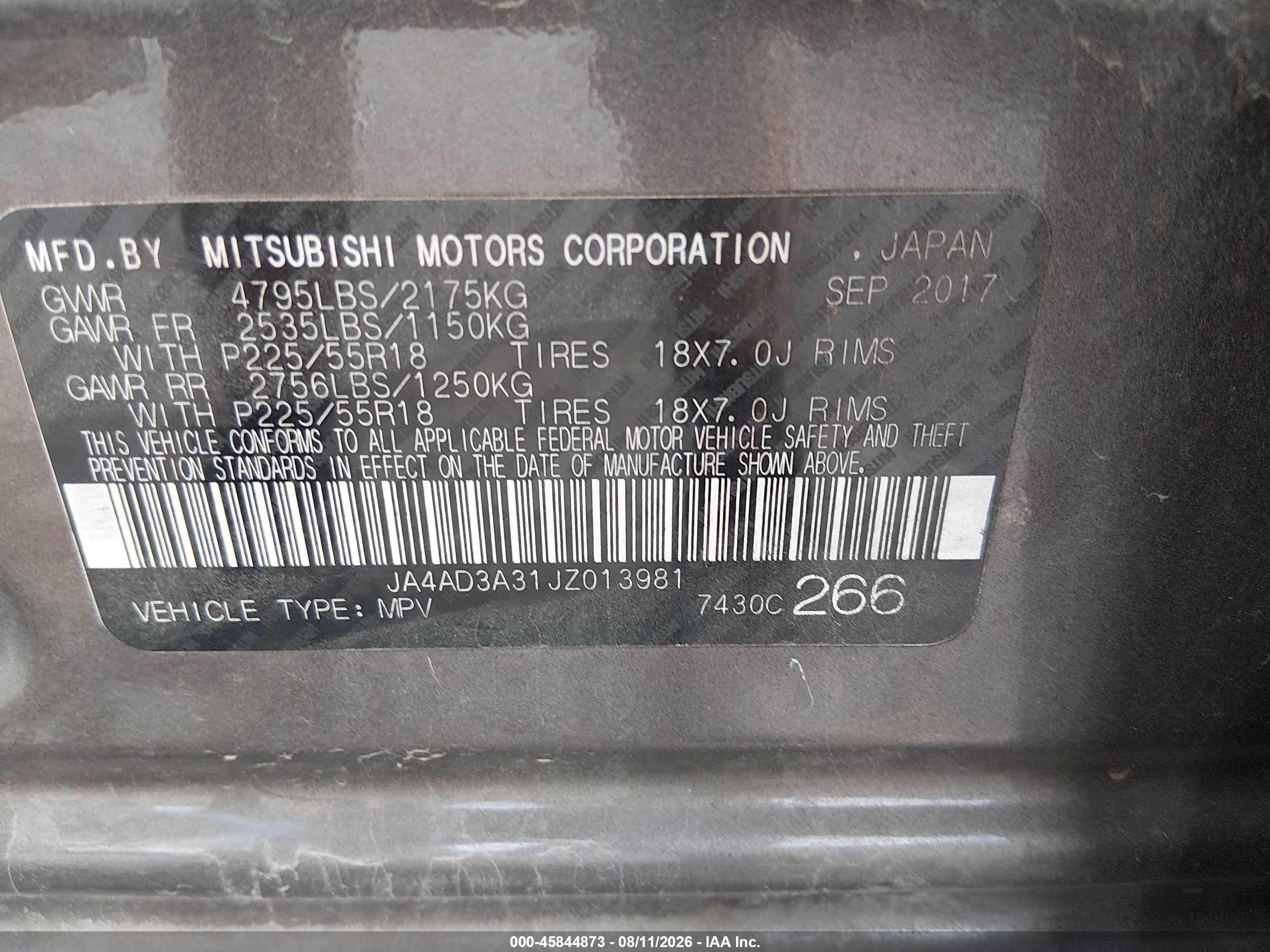 2018 Mitsubishi Outlander VIN JA4AD3A31JZ013981 IAAI salvage auction — Side, Salvage (Louisiana), sold $2,050 on 2026-09-21 (photo 9)