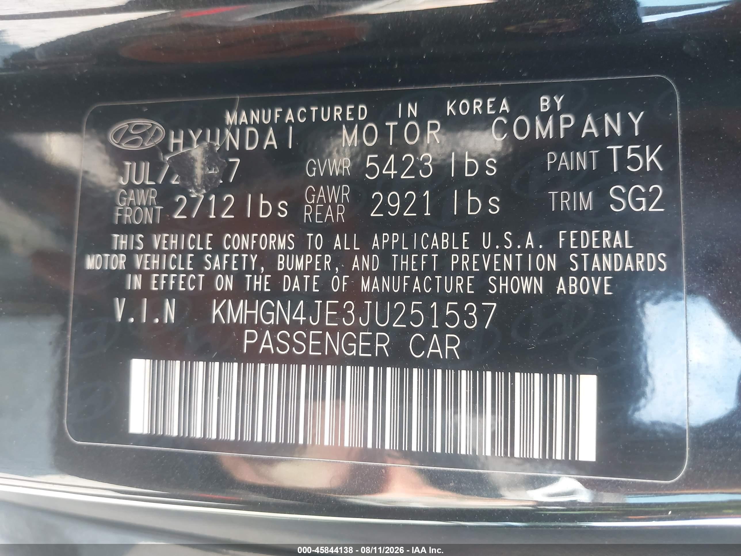 2018 Genesis G80 VIN KMHGN4JE3JU251537 IAAI salvage auction — Rear End, Mv-907A (New York), sold $5,700 on 2026-09-13 (photo 9)