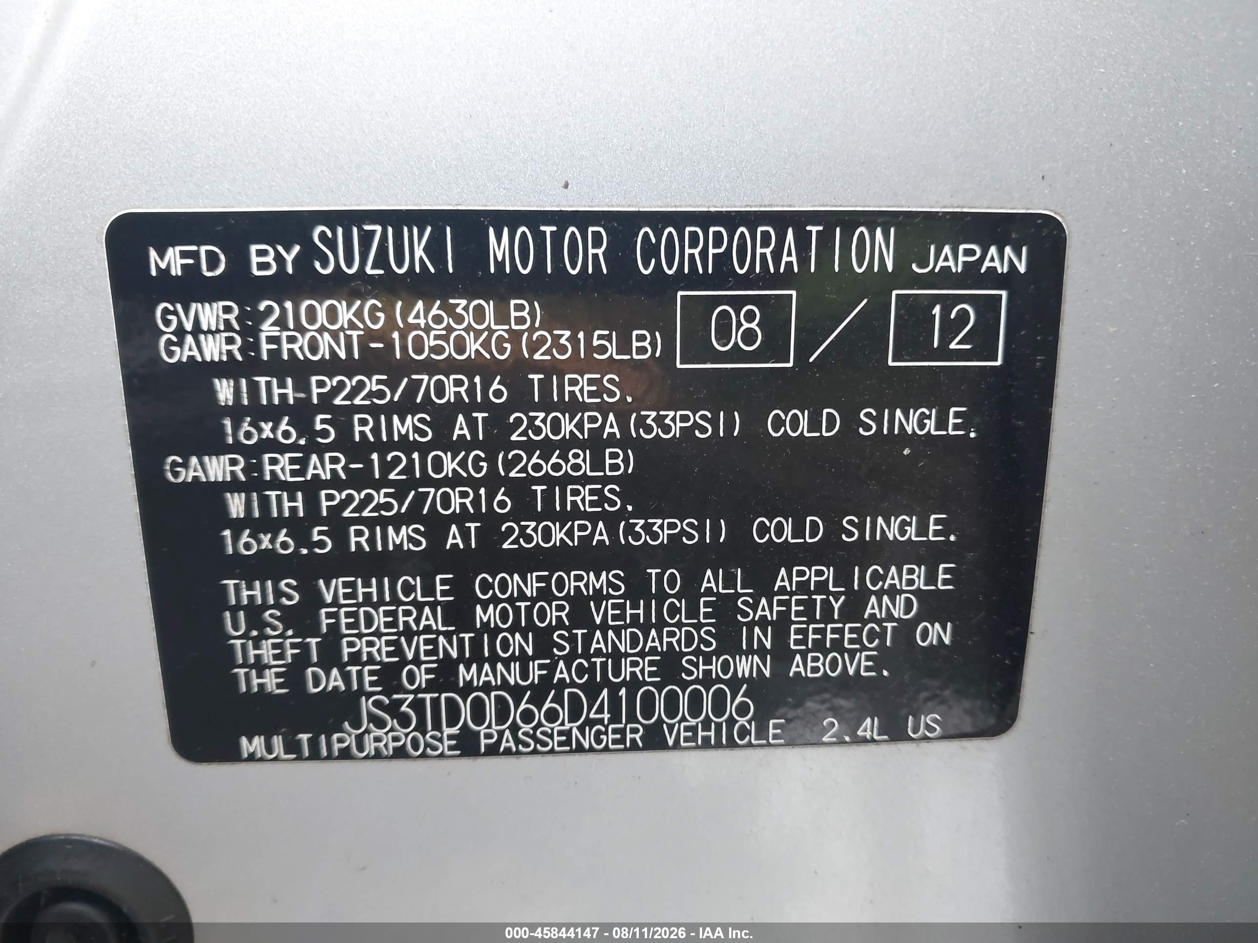 2013 Suzuki Grand vitara VIN JS3TD0D66D4100006 IAAI salvage auction — Rear End, Salvage (North Carolina), sold $1,150 on 2026-09-13 (photo 9)