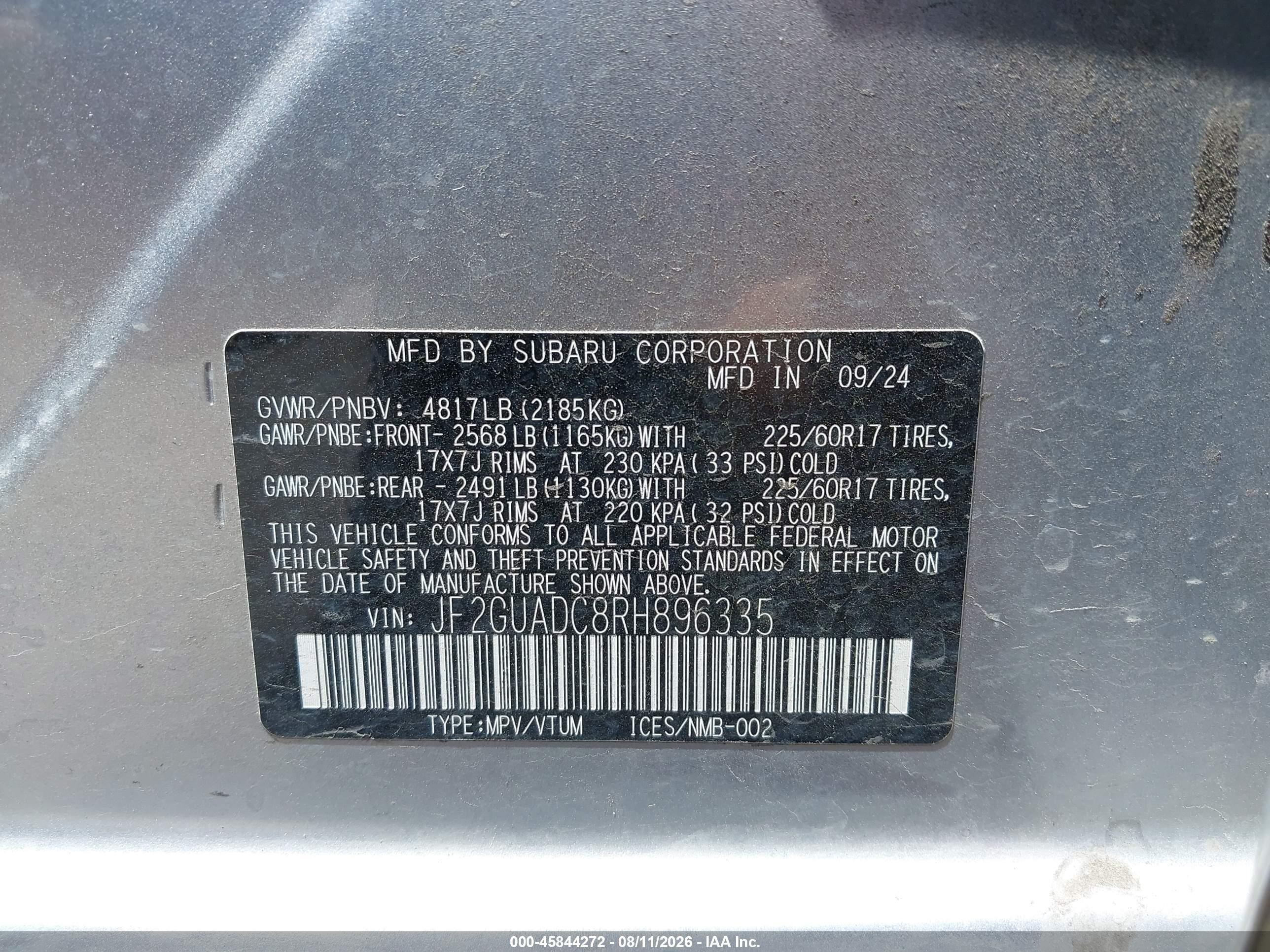 2024 Subaru Xv VIN JF2GUADC8RH896335 IAAI salvage auction — Rear End, Original (Texas), sold $10,100 on 2026-10-14 (photo 9)