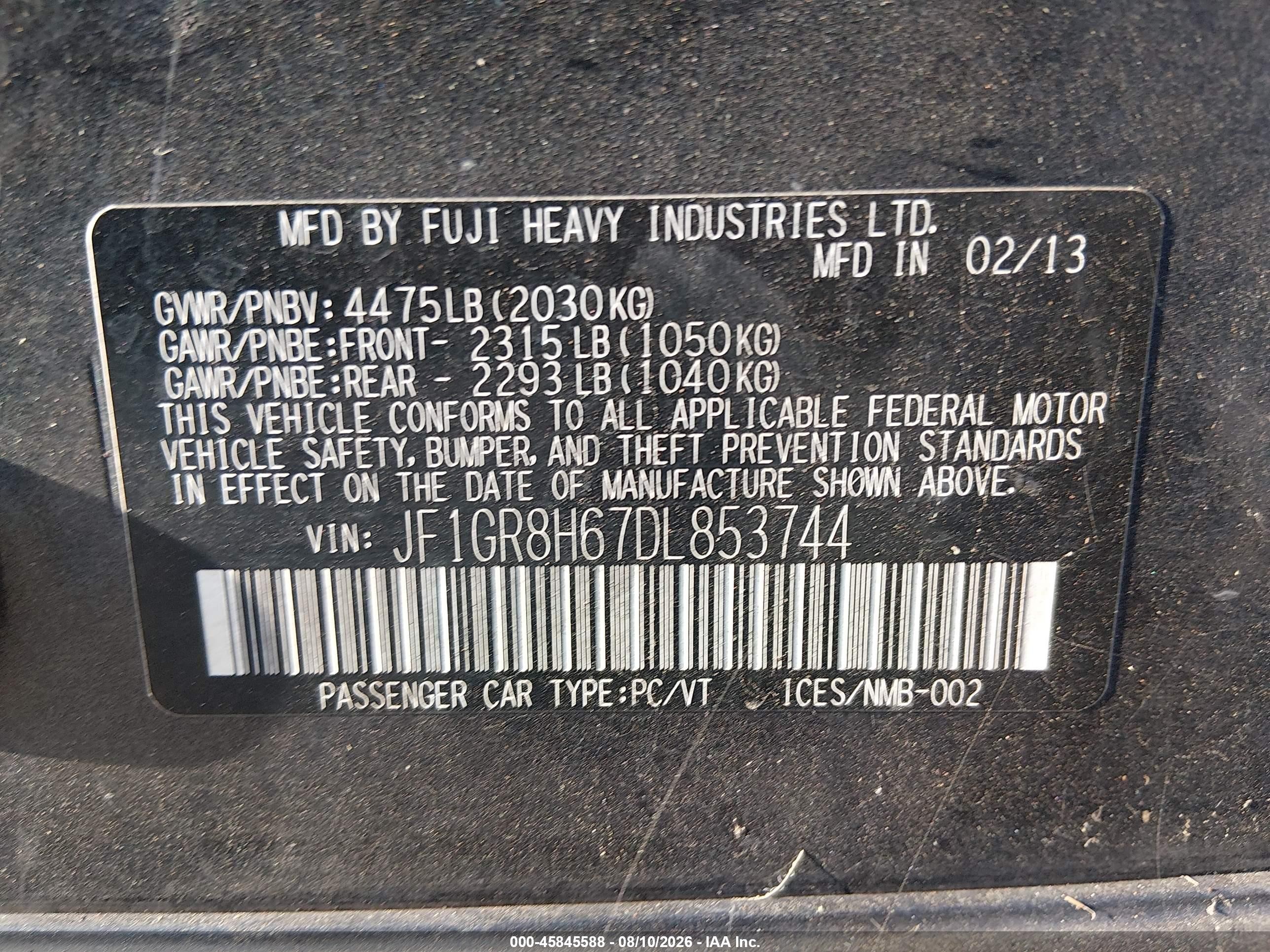 2013 Subaru Impreza VIN JF1GR8H67DL853744 IAAI salvage auction — Theft, Non-Repairable (California), sold $375 on 2026-09-10 (photo 9)