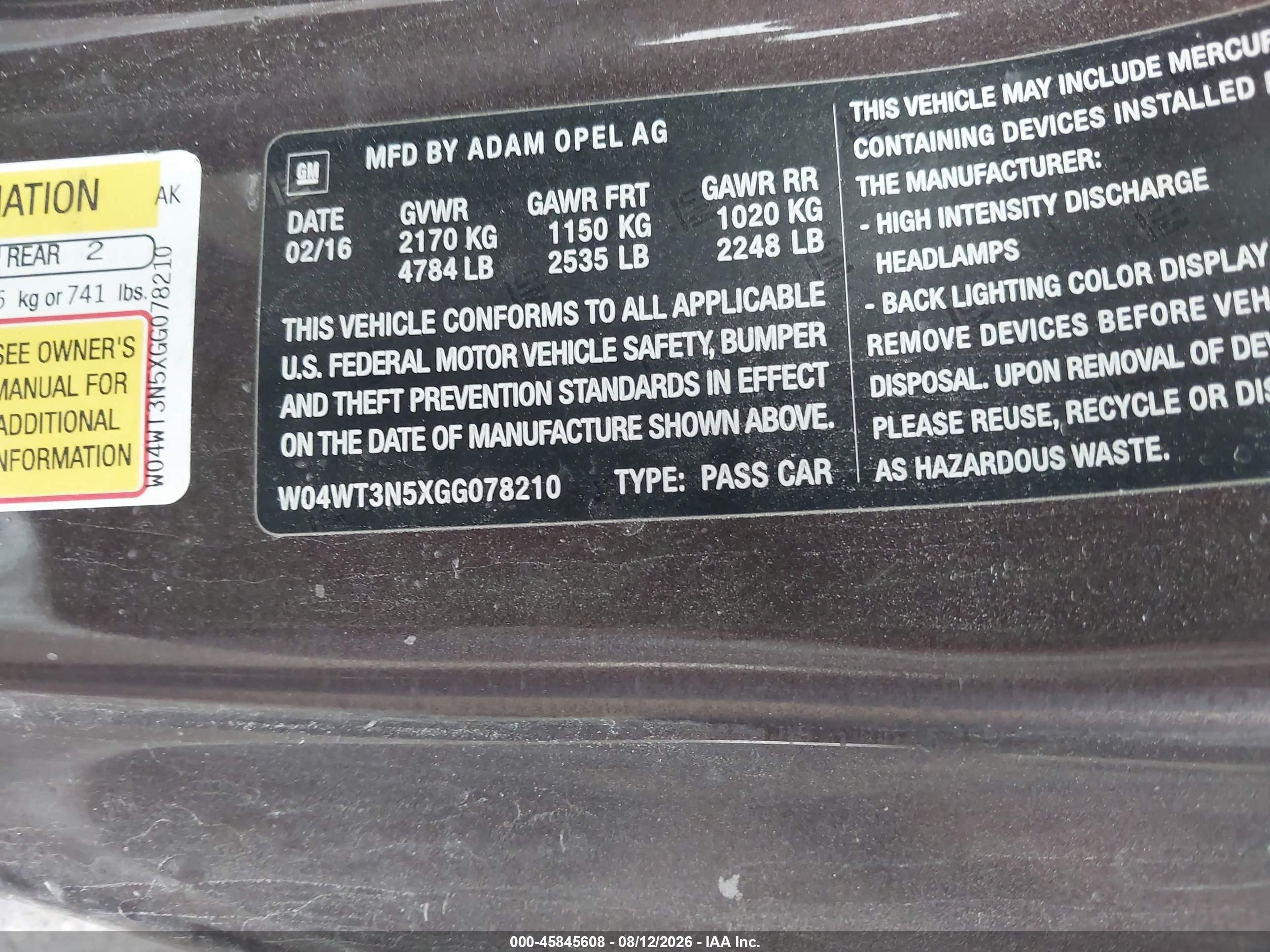 2016 Buick Cascada VIN W04WT3N5XGG078210 IAAI salvage auction — Unknown, Salvage (Iowa), sold $2,550 on 2026-09-14 (photo 9)
