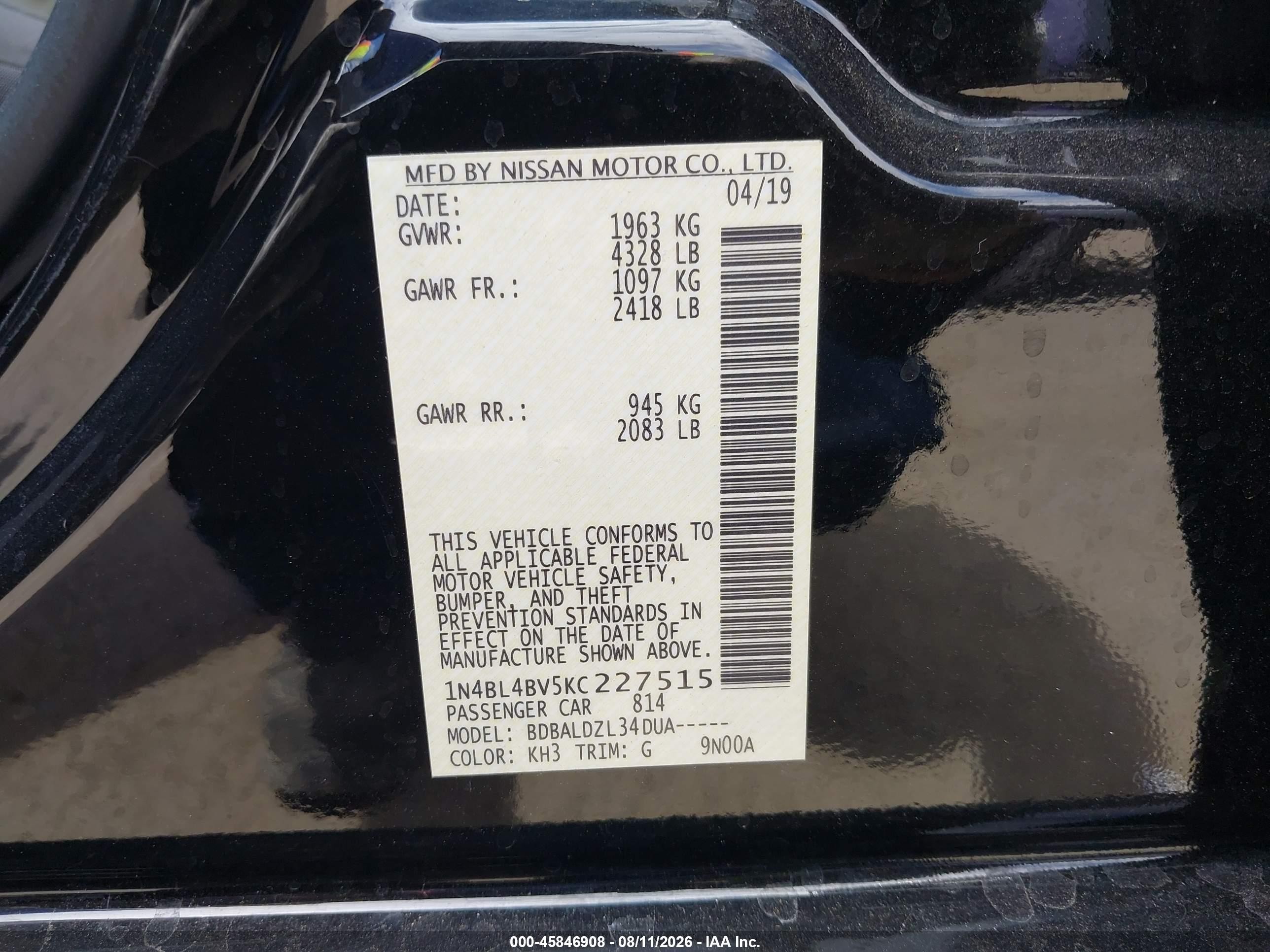 2019 Nissan Altima VIN 1N4BL4BV5KC227515 IAAI salvage auction — Side, Salvage (California), sold $2,950 on 2026-09-07 (photo 9)