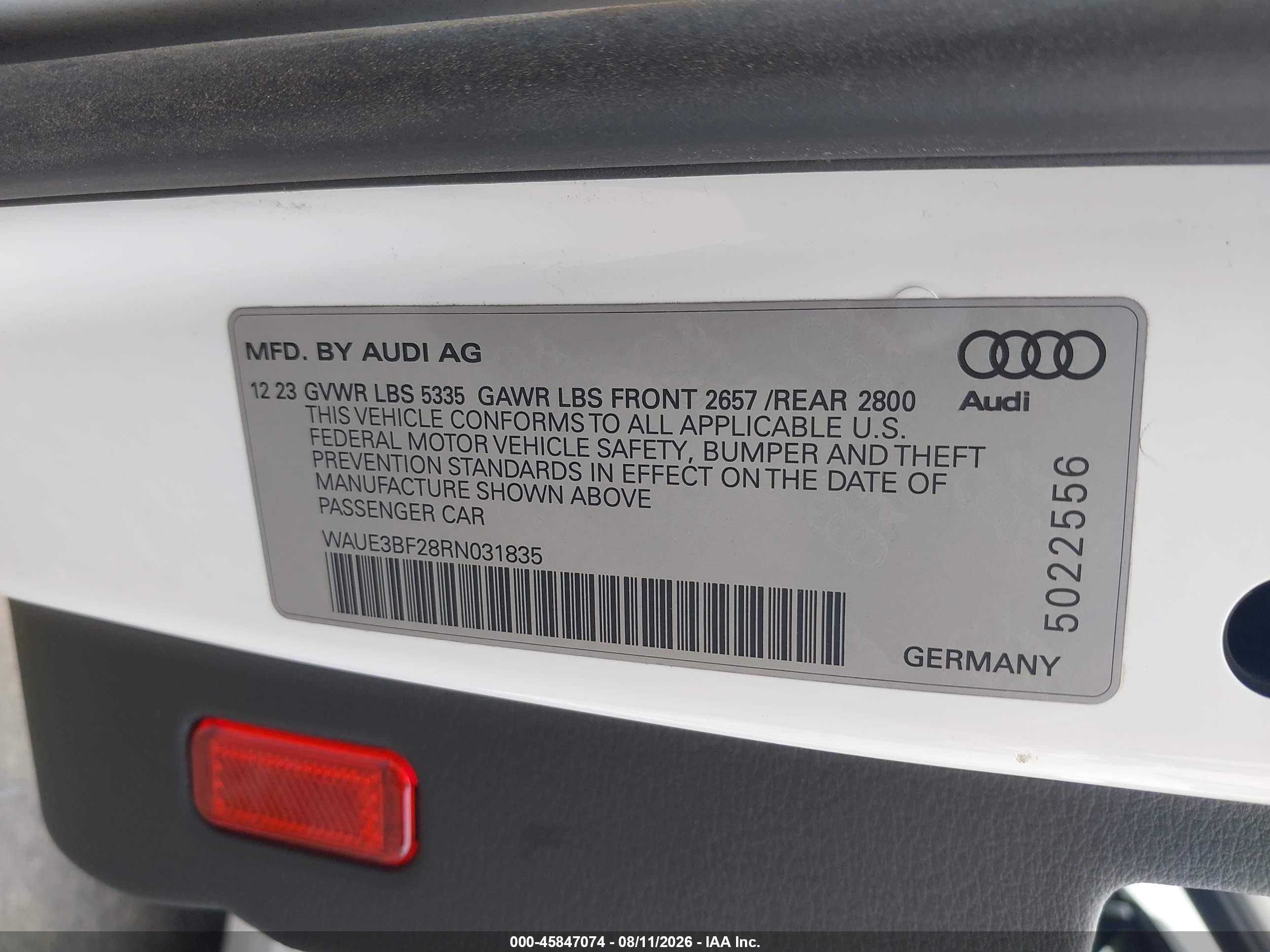 2024 Audi A6 VIN WAUE3BF28RN031835 IAAI salvage auction — Front End, Bill Of Sale (Washington), sold $11,100 on 2026-09-04 (photo 9)