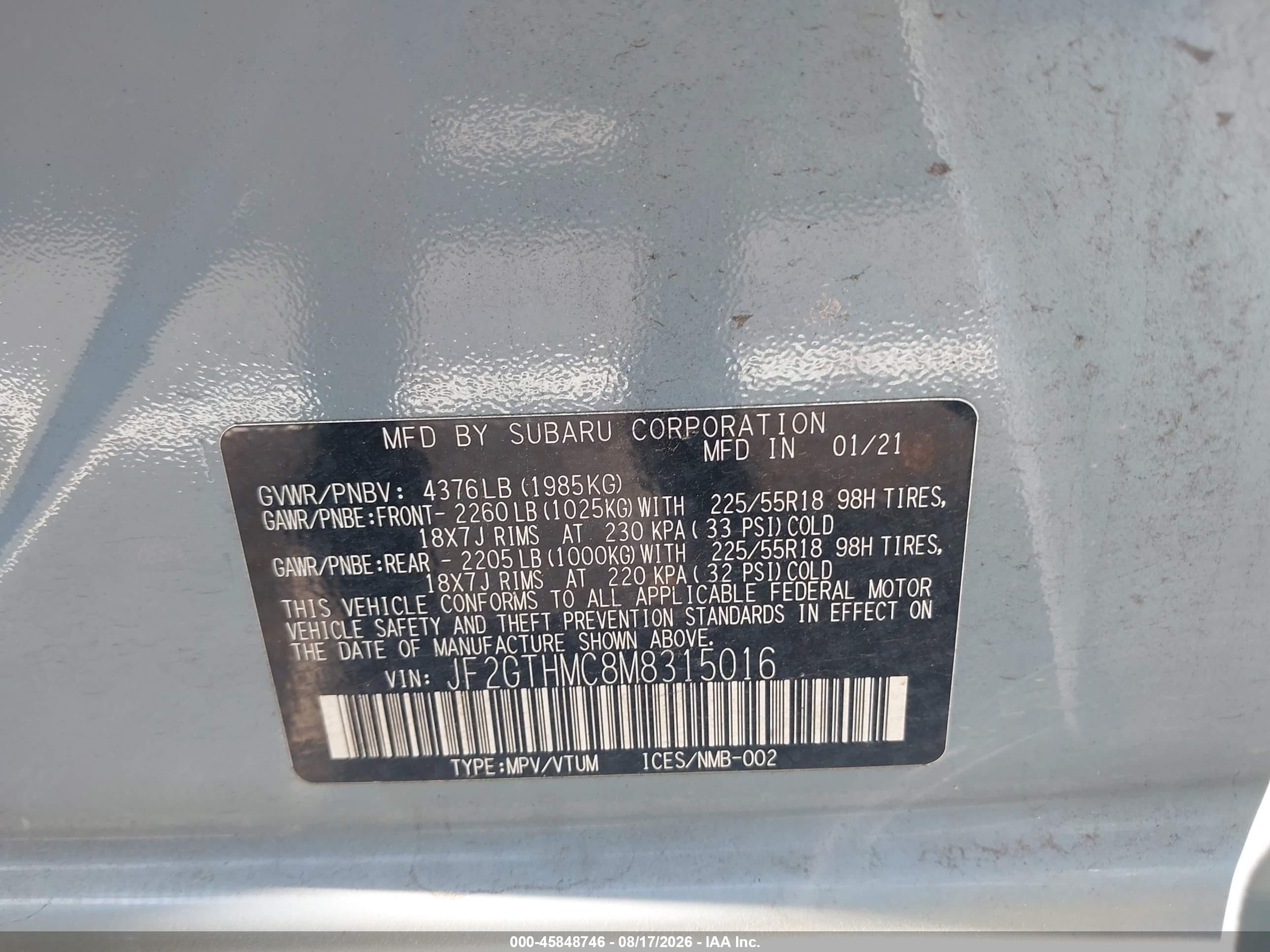 2021 Subaru Xv VIN JF2GTHMC8M8315016 IAAI salvage auction — Front End, Salvage (Tennessee), sold $4,000 on 2026-09-11 (photo 9)