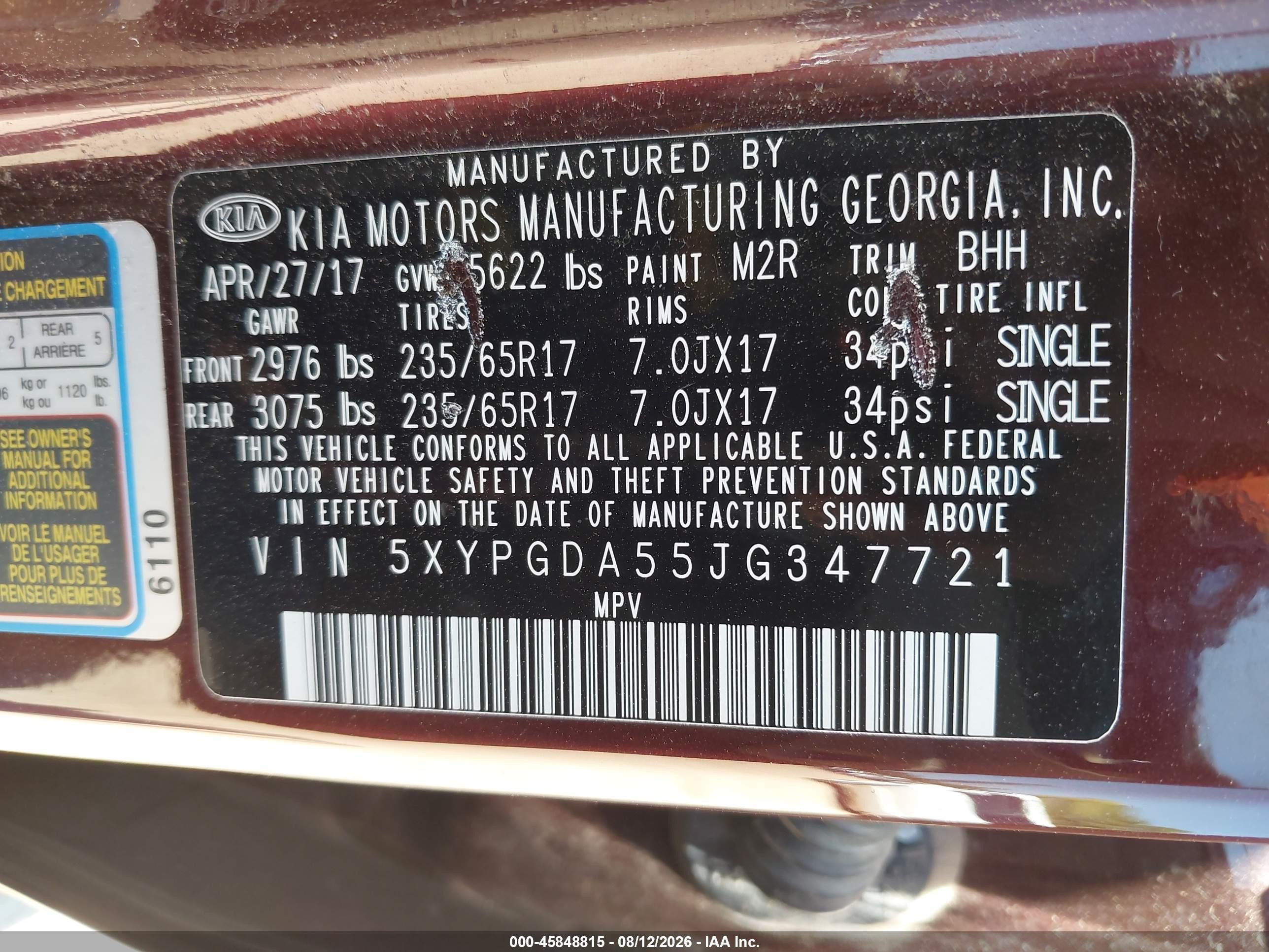 2018 Kia Sorento VIN 5XYPGDA55JG347721 IAAI salvage auction — Rear End, Salvage (Texas), sold $3,200 on 2026-10-10 (photo 9)