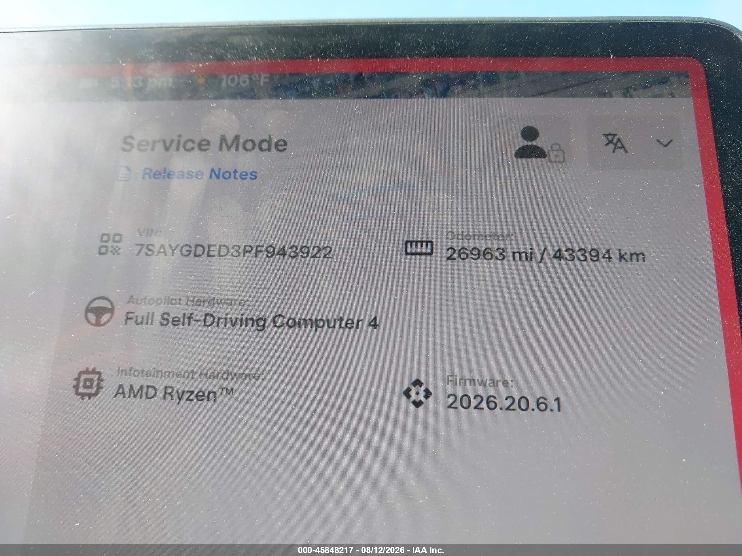 2023 Tesla Model y VIN 7SAYGDED3PF943922 IAAI salvage auction — Front End, Original (Texas), sold $11,600 on 2026-10-08 (photo 7)