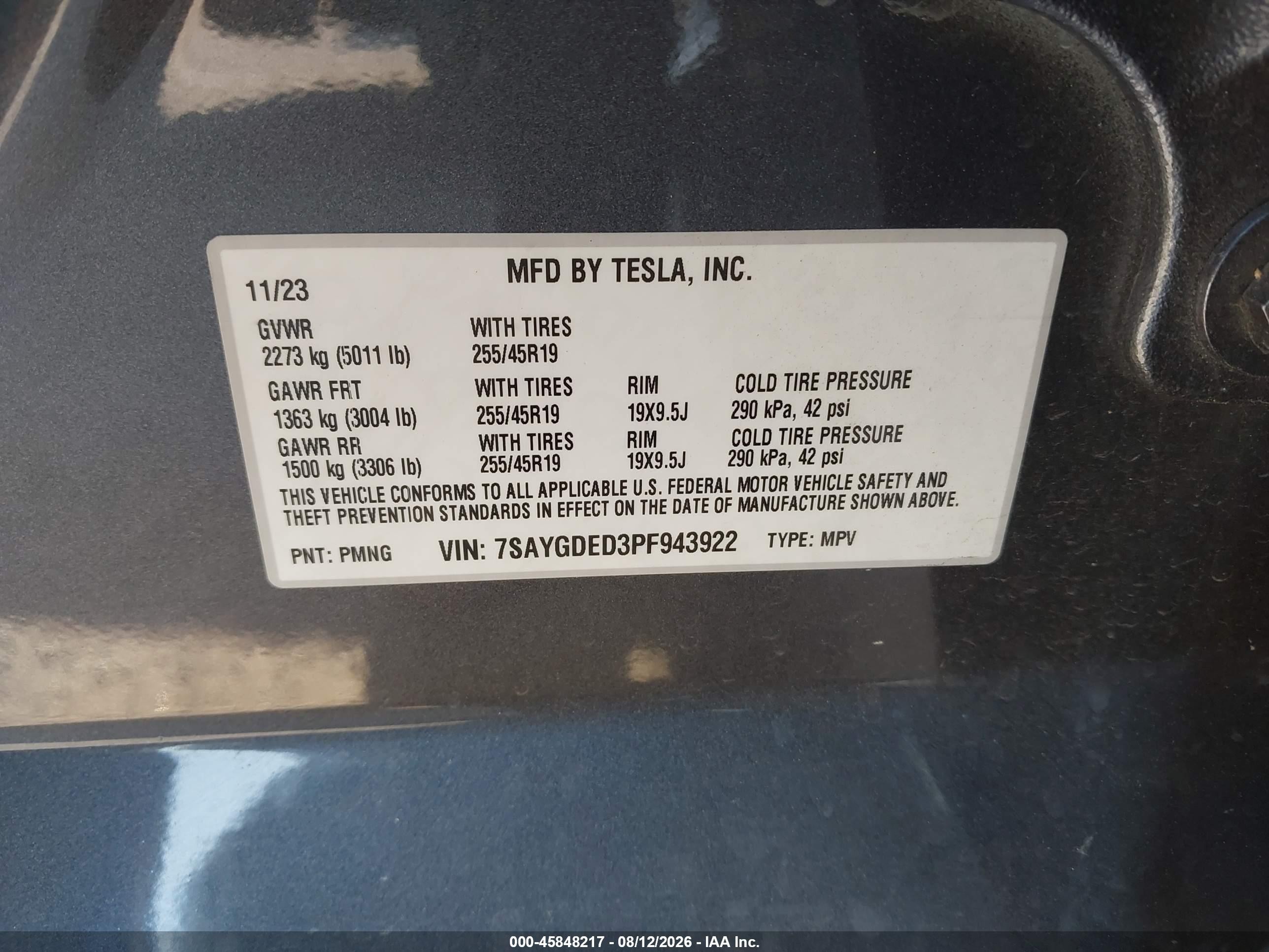 2023 Tesla Model y VIN 7SAYGDED3PF943922 IAAI salvage auction — Front End, Original (Texas), sold $11,600 on 2026-10-08 (photo 9)