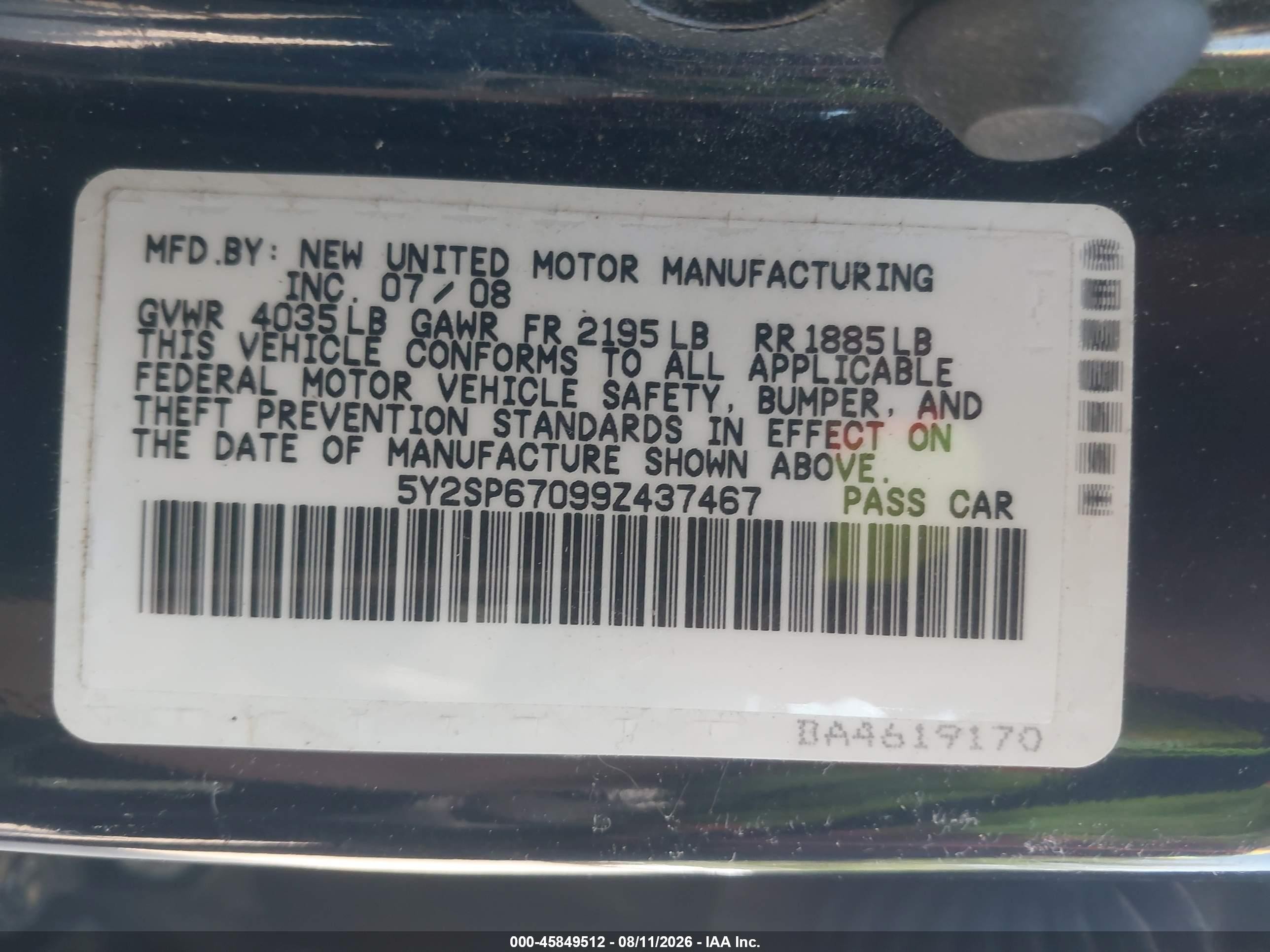 2009 Pontiac Vibe VIN 5Y2SP67099Z437467 IAAI salvage auction — Normal Wear, Clear (Massachusetts), sold $925 on 2026-09-09 (photo 9)