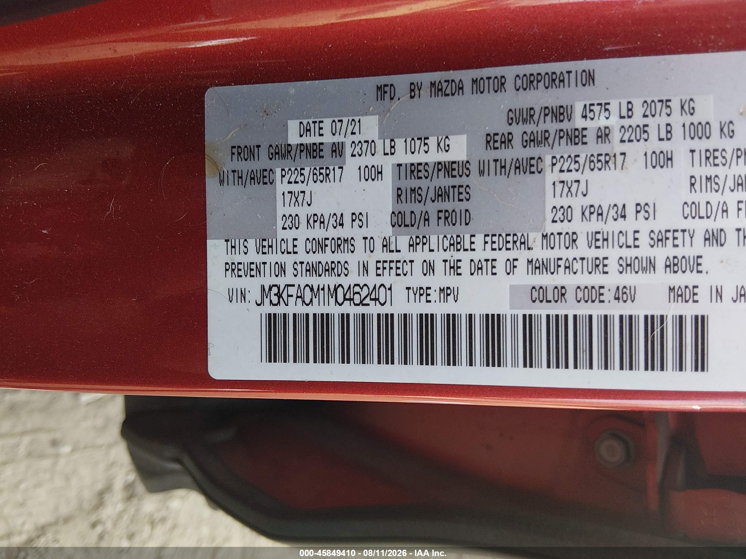 2021 Mazda Cx-5 VIN JM3KFACM1M0462401 IAAI salvage auction — Front End, Salvage (Texas), sold $3,100 on 2026-10-02 (photo 9)
