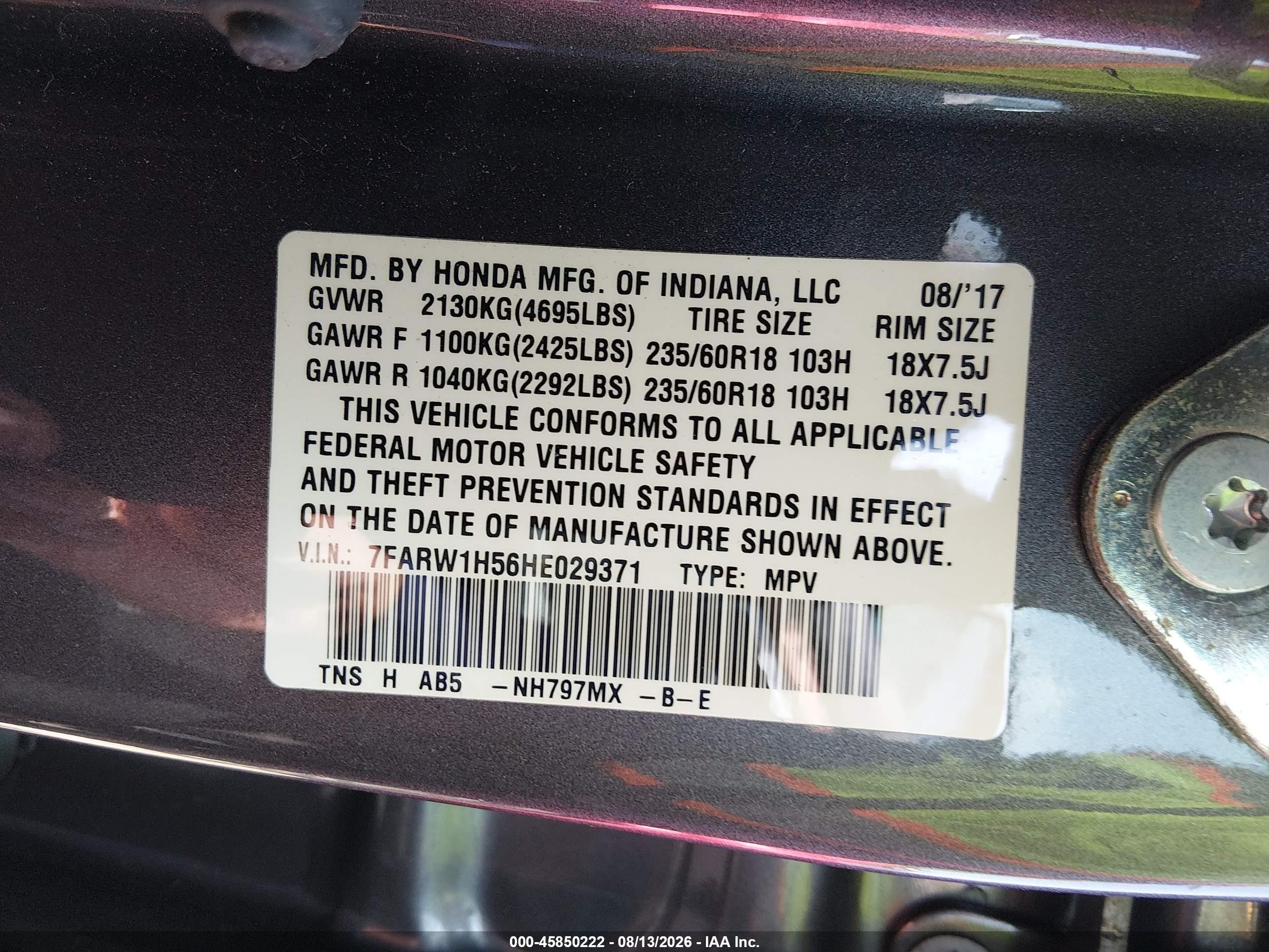 2017 Honda Cr-v VIN 7FARW1H56HE029371 IAAI salvage auction — Rollover, Salvage (North Carolina), sold $2,750 on 2026-09-05 (photo 9)