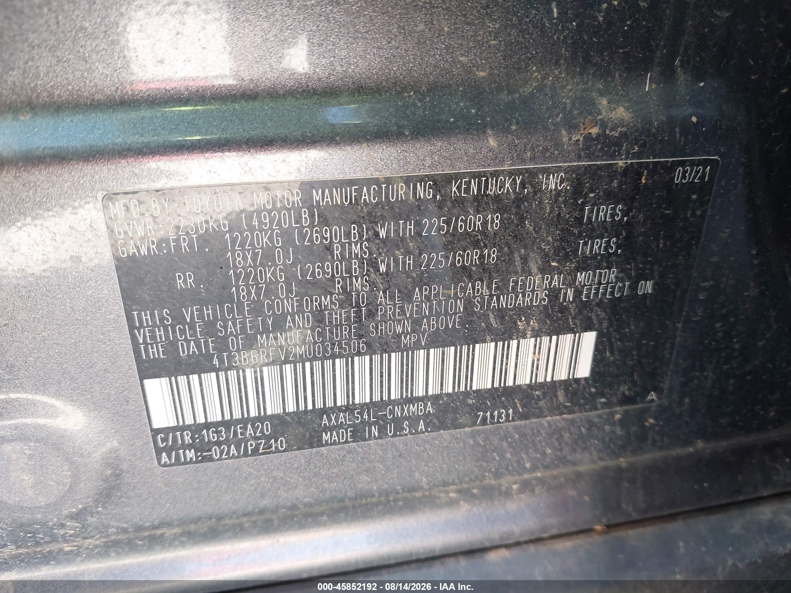 2021 Toyota Rav 4 VIN 4T3B6RFV2MU034506 IAAI salvage auction — Side, Salvage (North Carolina), sold $14,825 on 2026-09-21 (photo 9)