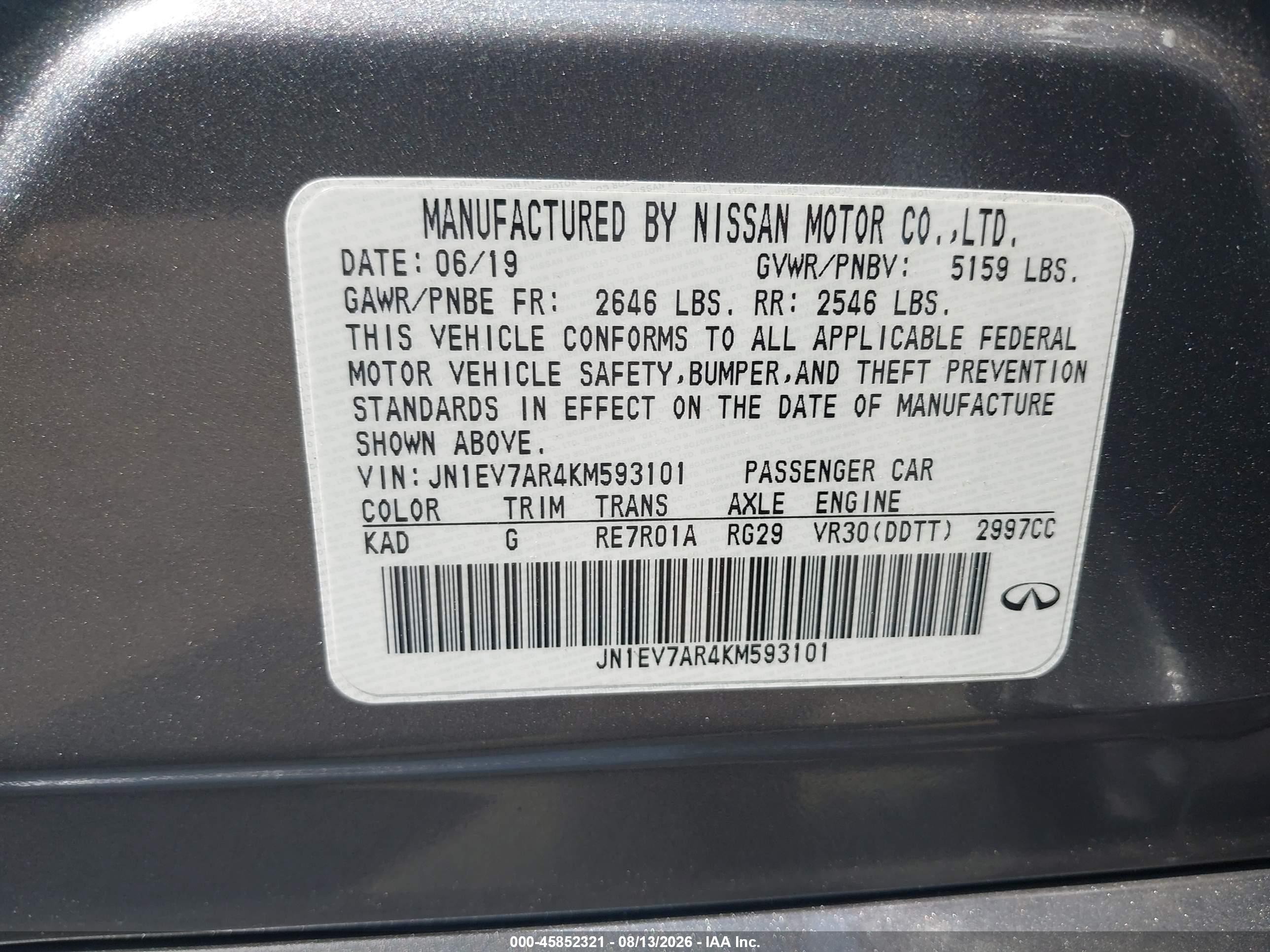 2019 Infiniti Q50 VIN JN1EV7AR4KM593101 IAAI salvage auction — Side, Salvage (Idaho), sold $4,950 on 2026-09-15 (photo 9)