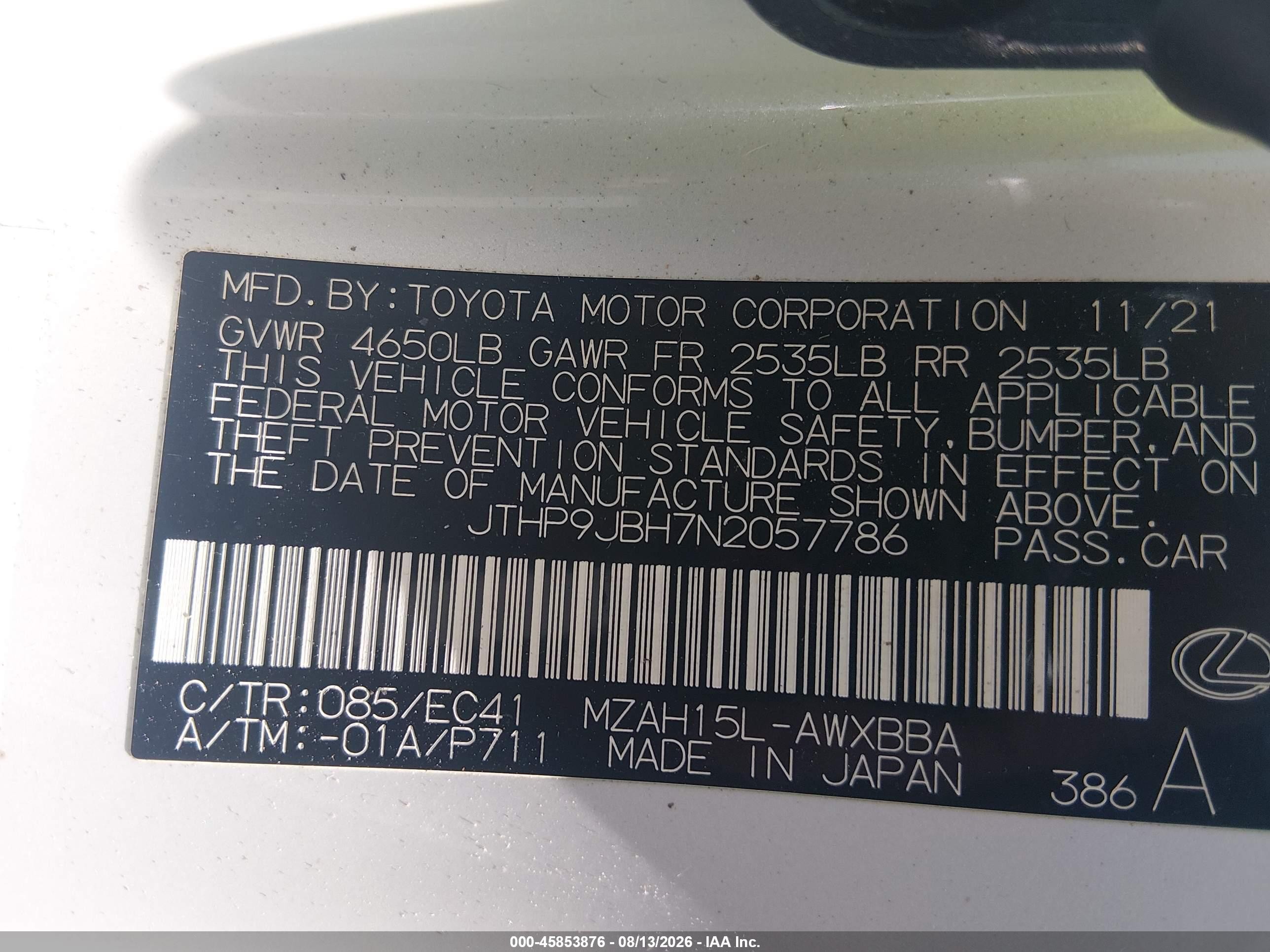 2022 Lexus Ux VIN JTHP9JBH7N2057786 IAAI salvage auction — Rear End, Salvage (South Carolina), sold $9,400 on 2026-09-02 (photo 9)