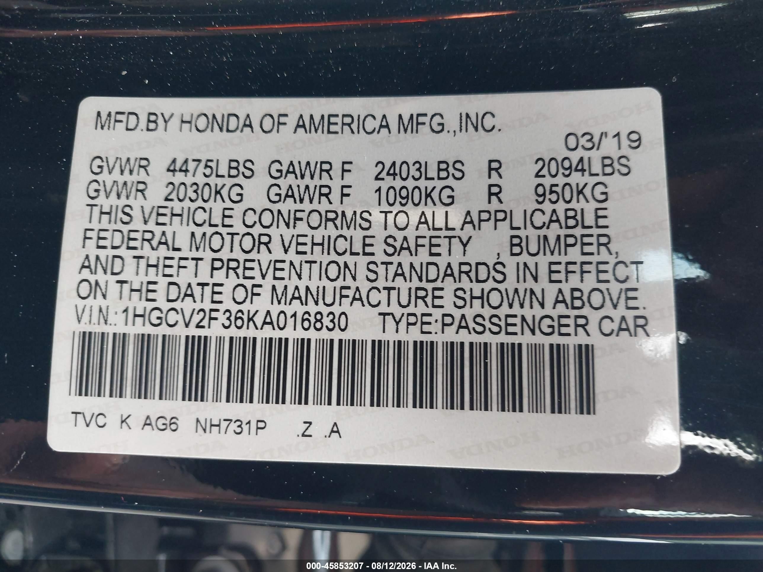 2019 Honda Accord VIN 1HGCV2F36KA016830 IAAI salvage auction — Front End, Salvage Certificate (California), sold $3,000 on 2026-09-12 (photo 9)