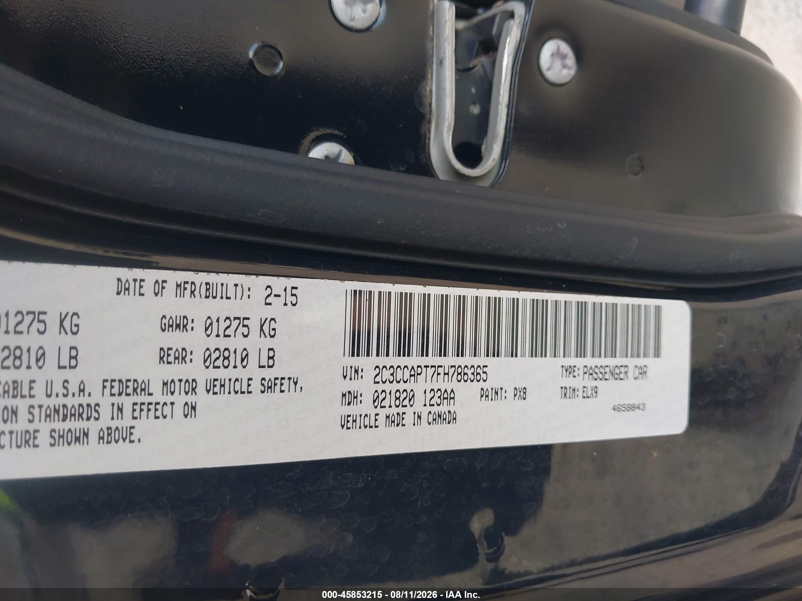 2015 Chrysler 300 VIN 2C3CCAPT7FH786365 IAAI salvage auction — Side, Rebuildable (Florida), sold $3,650 on 2026-09-12 (photo 9)
