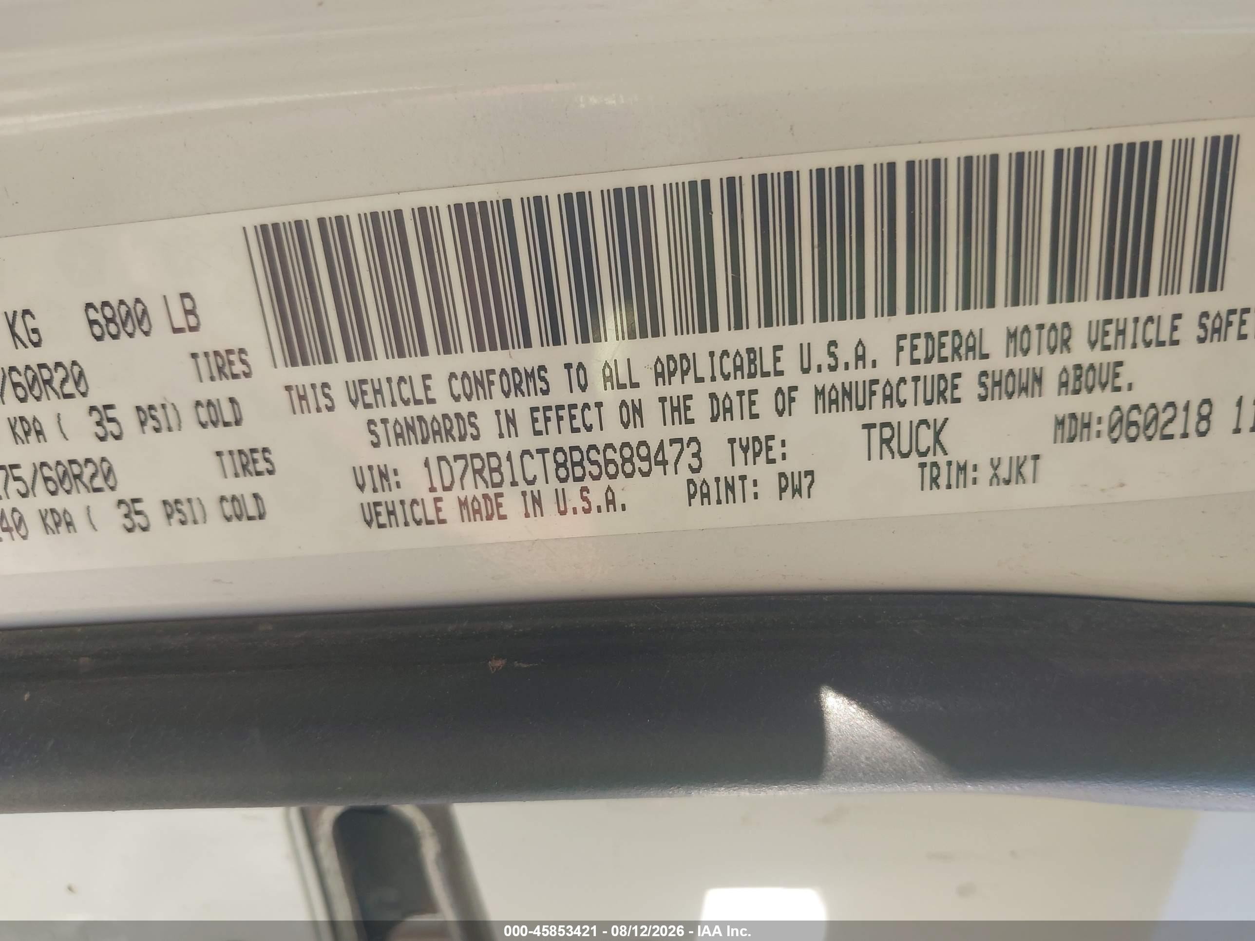2011 Ram Ram 1500 VIN 1D7RB1CT8BS689473 IAAI salvage auction — Side, Original (Texas), sold $4,250 on 2026-09-11 (photo 9)